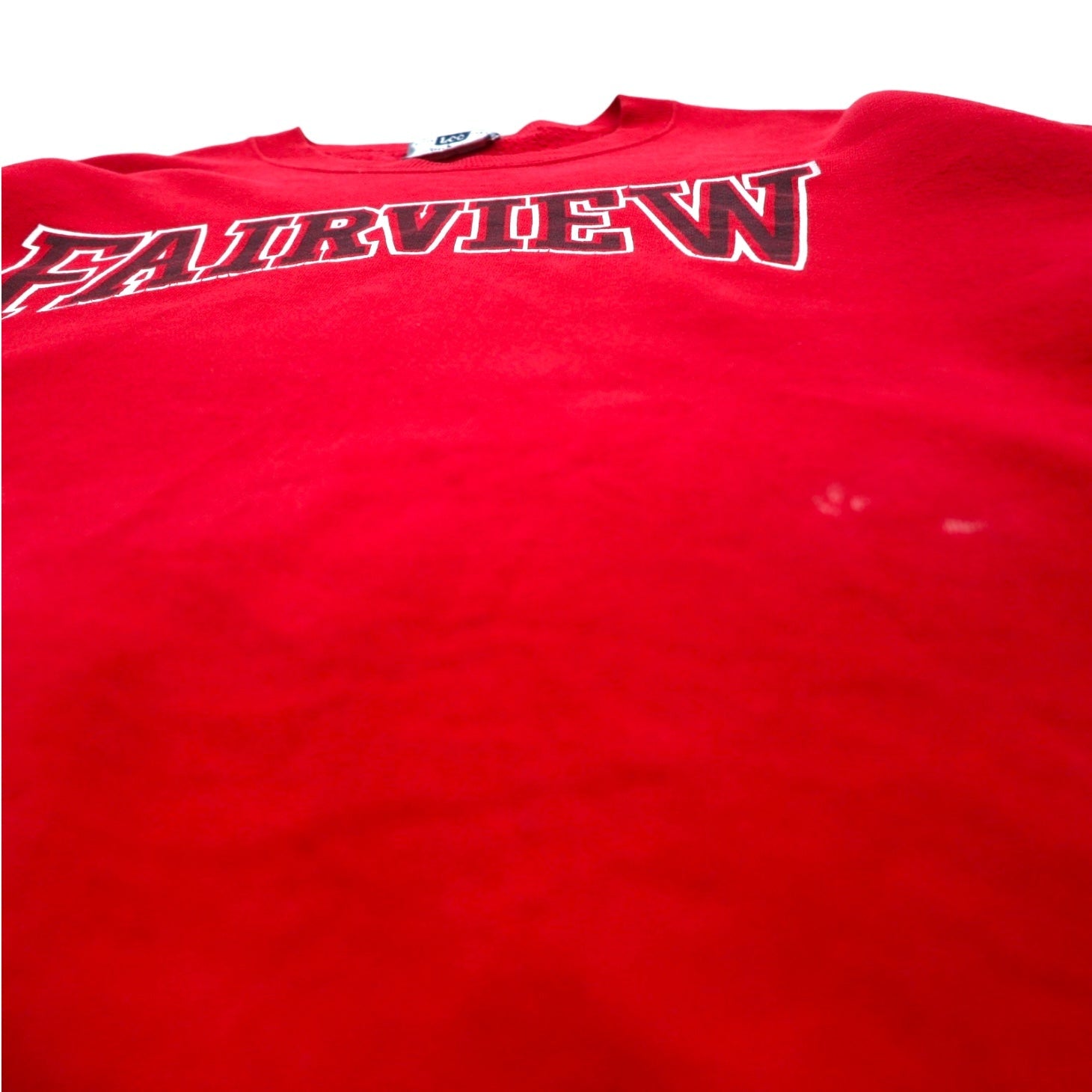 Lee Anni '90 USA Made Felpa stampata FAIRVIEW L Rossa Cotone Felpata Logo ad arco