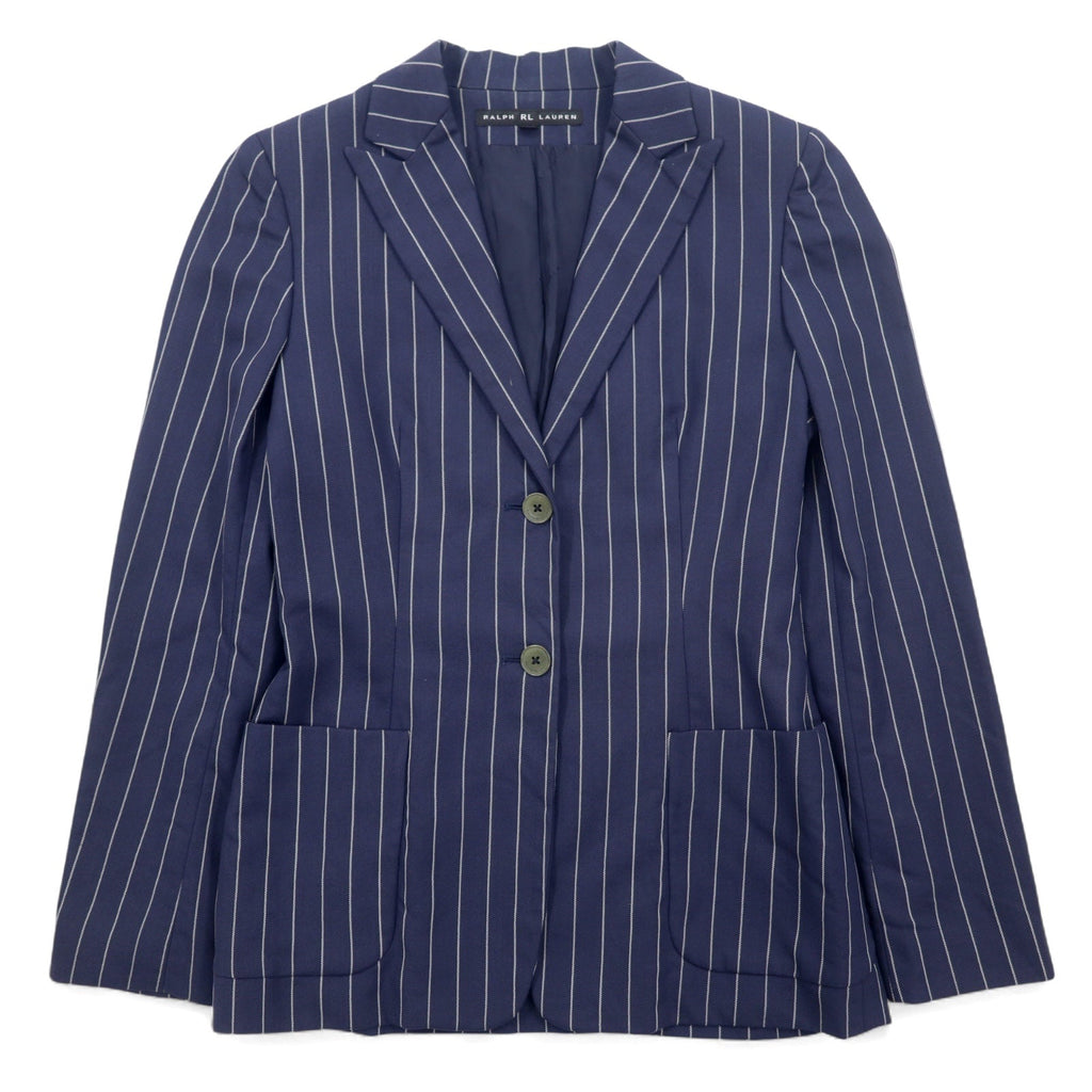 RALPH LAUREN Giacca sartoriale 2B in lana e nylon a righe, revers a punta, taglia S, colore blu navy, made in Japan