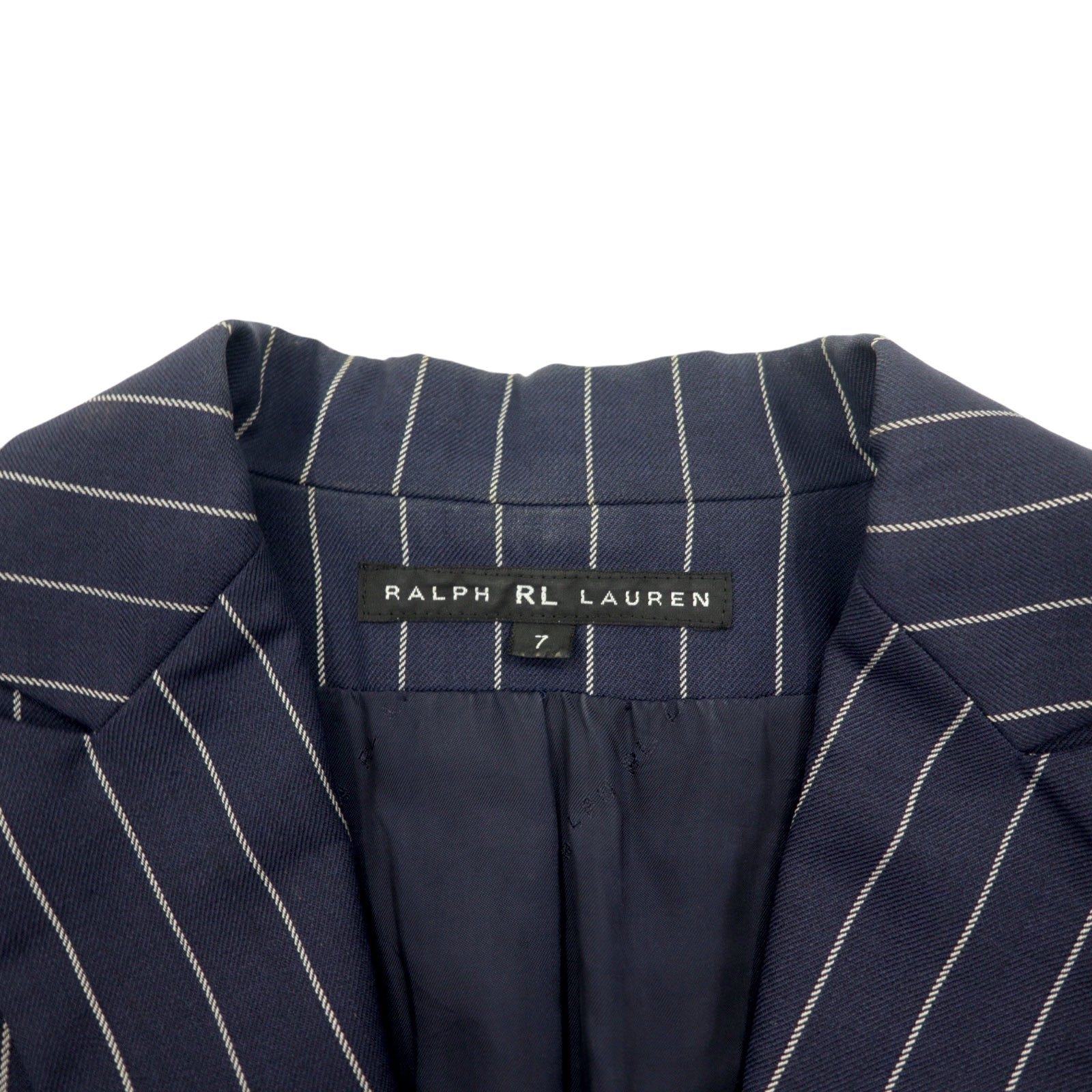 RALPH LAUREN Giacca sartoriale 2B in lana e nylon a righe, revers a punta, taglia S, colore blu navy, made in Japan