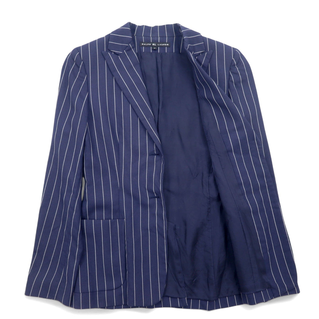 RALPH LAUREN Giacca sartoriale 2B in lana e nylon a righe, revers a punta, taglia S, colore blu navy, made in Japan
