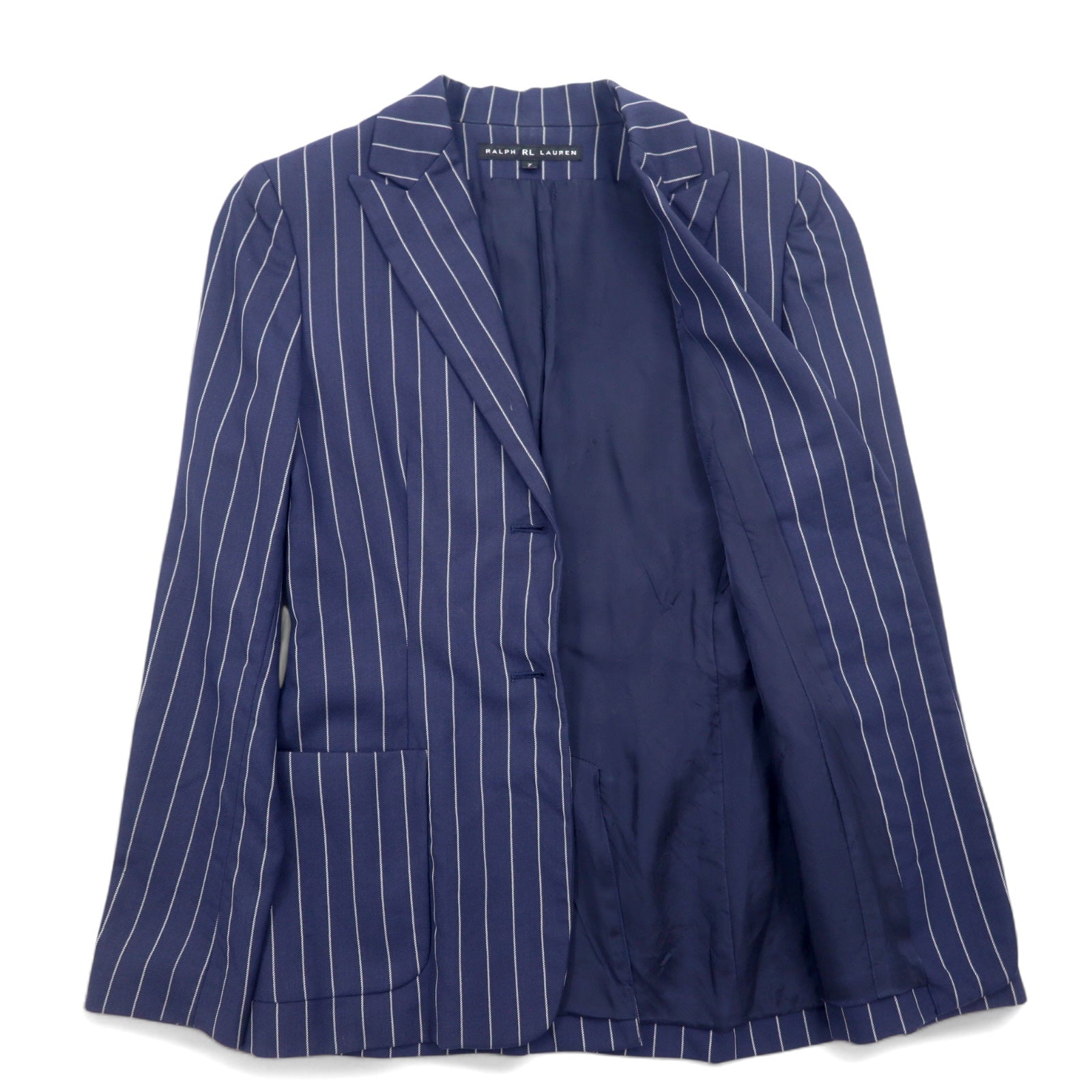 RALPH LAUREN Giacca sartoriale 2B in lana e nylon a righe, revers a punta, taglia S, colore blu navy, made in Japan