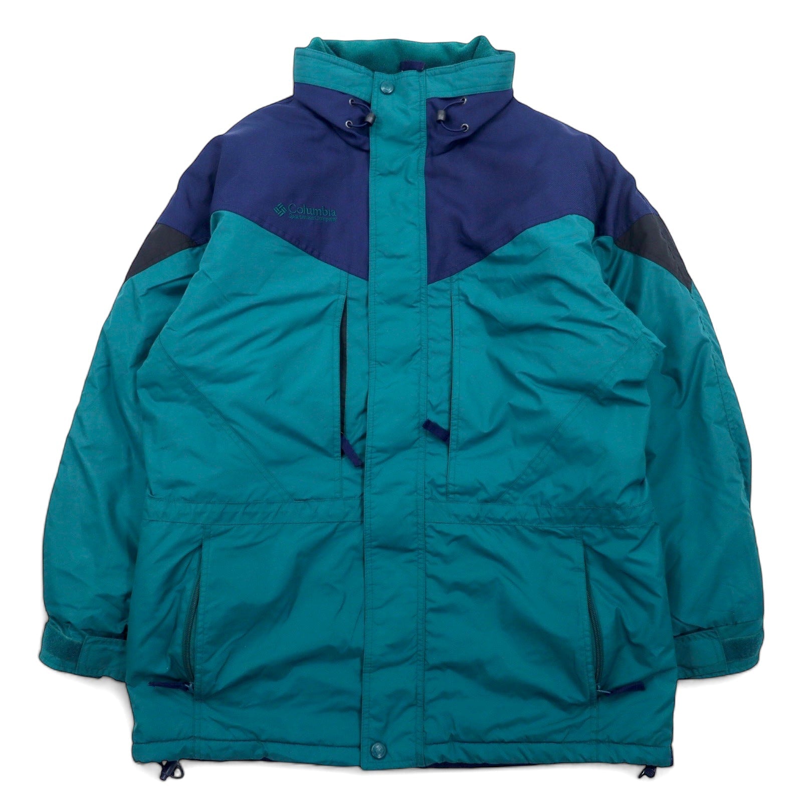 Columbia anni '90, giacca a vento imbottita, taglia L, verde e blu navy, in nylon con cappuccio a scomparsa