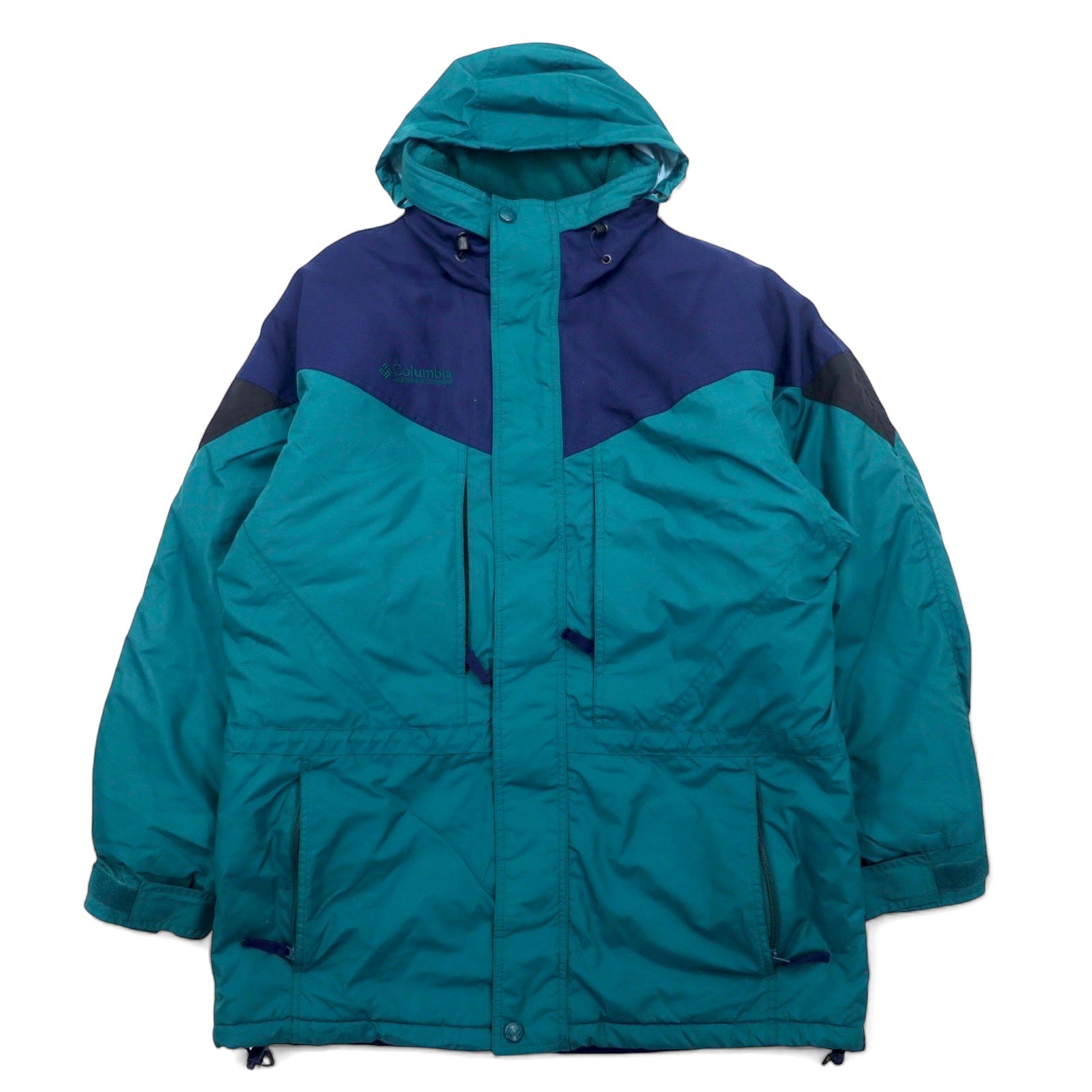 Columbia anni '90, giacca a vento imbottita, taglia L, verde e blu navy, in nylon con cappuccio a scomparsa