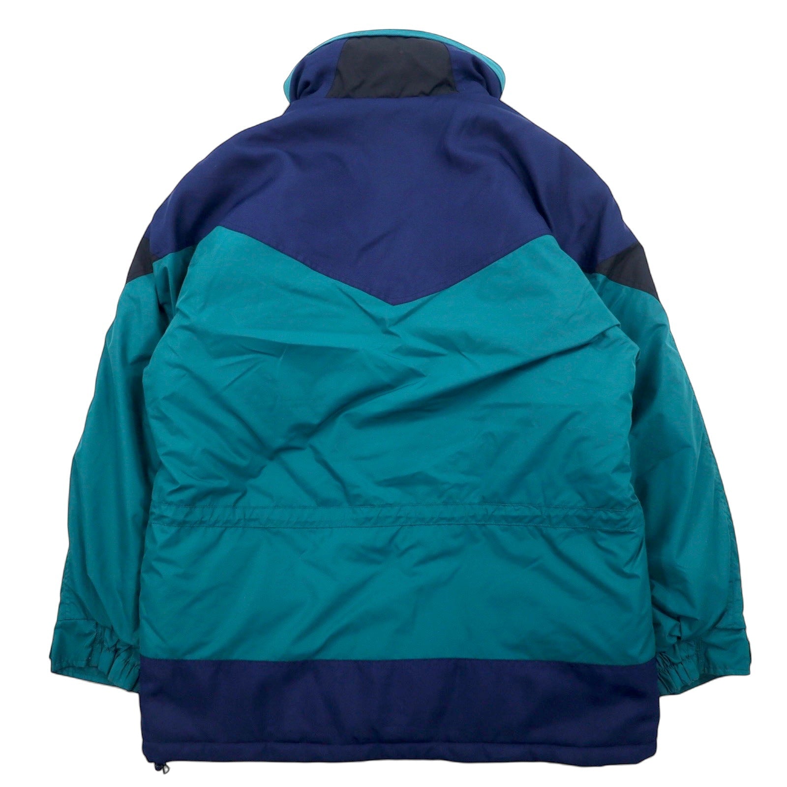 Columbia anni '90, giacca a vento imbottita, taglia L, verde e blu navy, in nylon con cappuccio a scomparsa