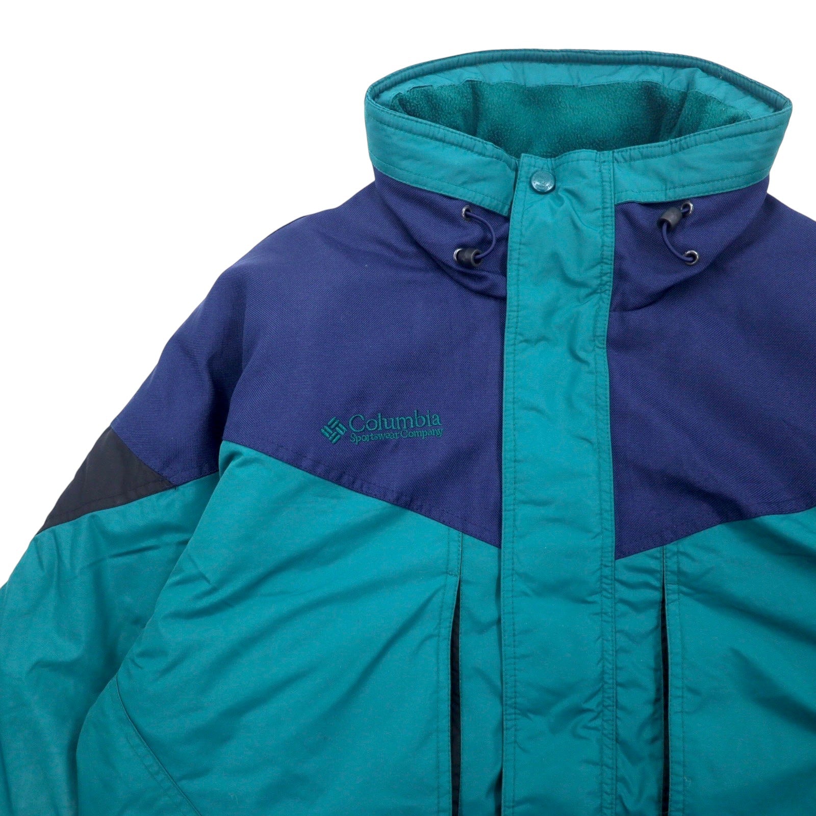 Columbia anni '90, giacca a vento imbottita, taglia L, verde e blu navy, in nylon con cappuccio a scomparsa