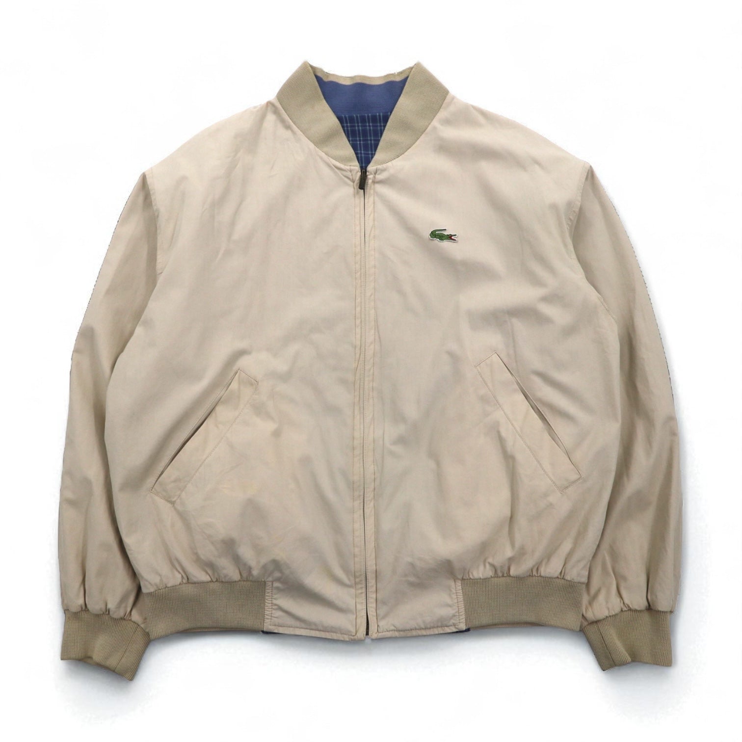 LACOSTE anni '80 giacca Harrington reversibile XL blu navy beige a quadri logo ricamato