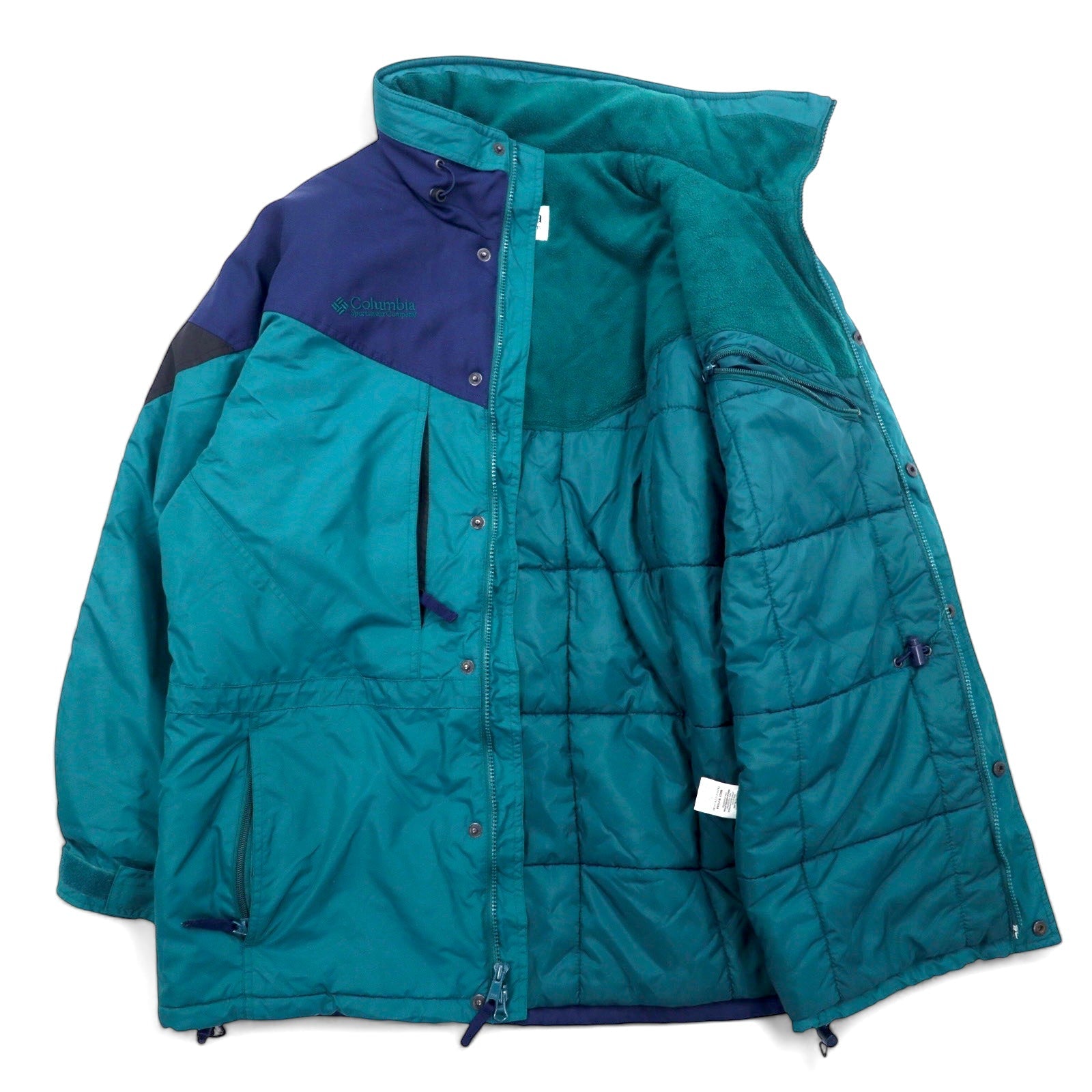 Columbia anni '90, giacca a vento imbottita, taglia L, verde e blu navy, in nylon con cappuccio a scomparsa