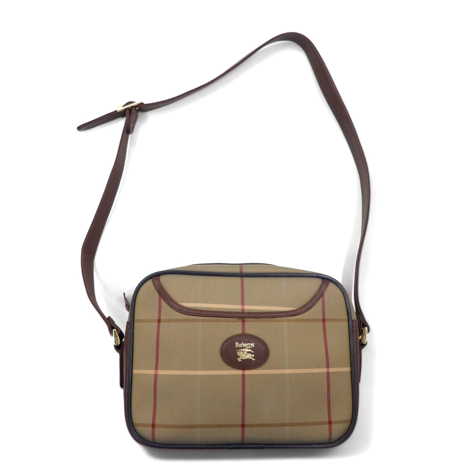Burberrys Old Windowpane Check Camera Bag a tracolla Beige Iridescente Nylon Canvas Pelle