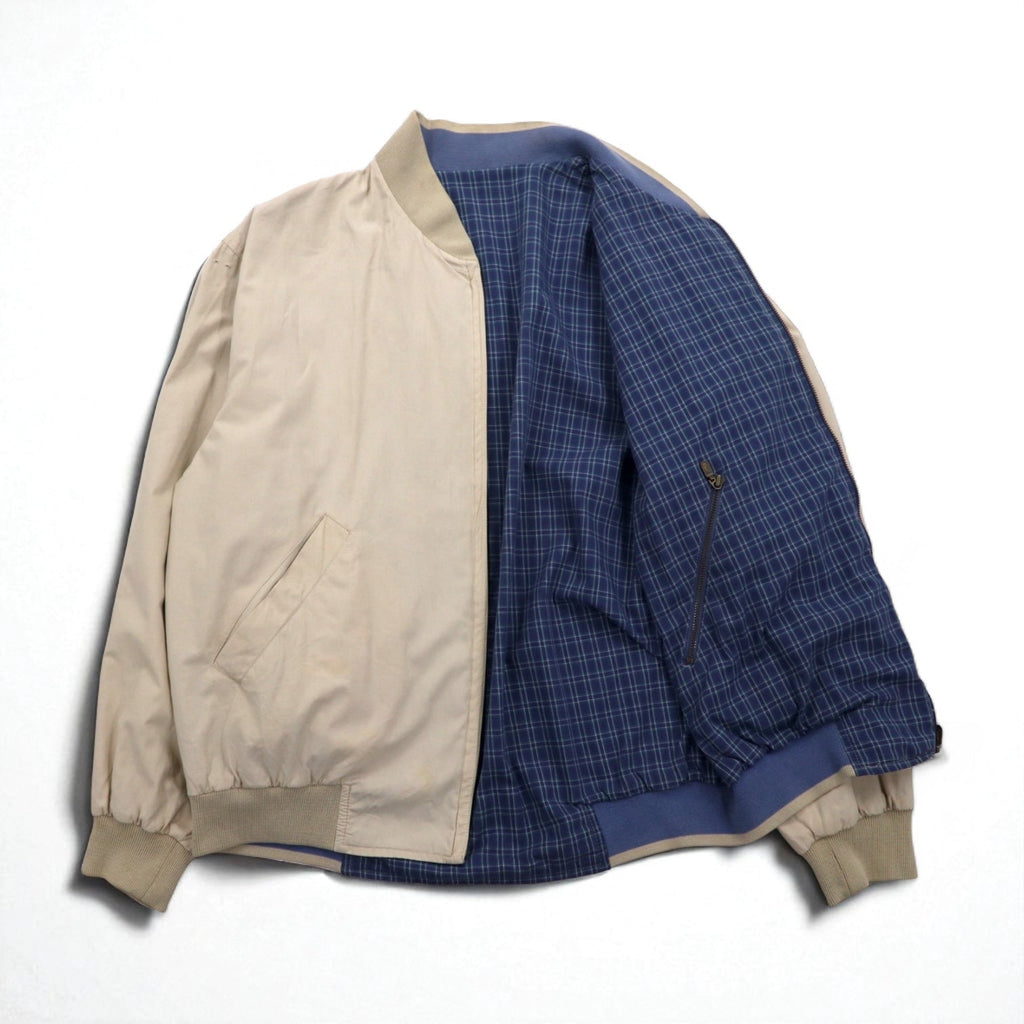 LACOSTE anni '80 giacca Harrington reversibile XL blu navy beige a quadri logo ricamato