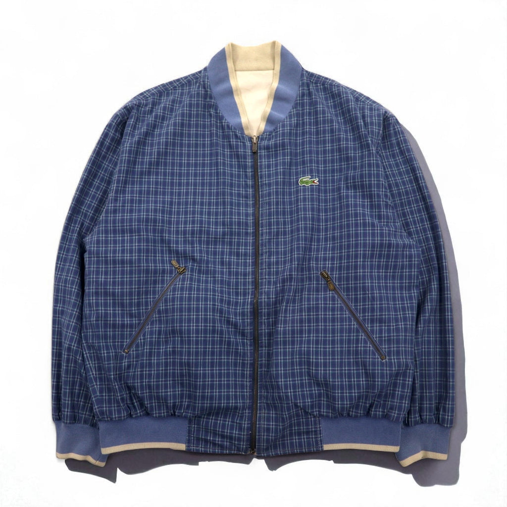 LACOSTE anni '80 giacca Harrington reversibile XL blu navy beige a quadri logo ricamato