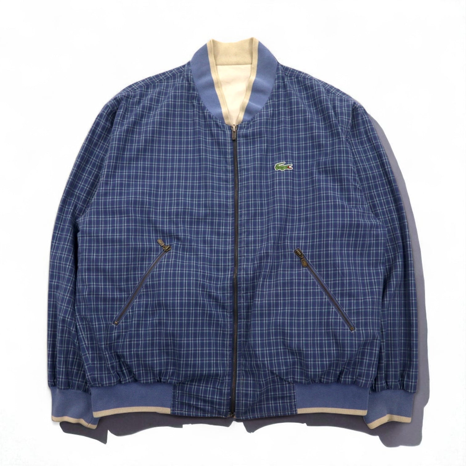 LACOSTE anni '80 giacca Harrington reversibile XL blu navy beige a quadri logo ricamato