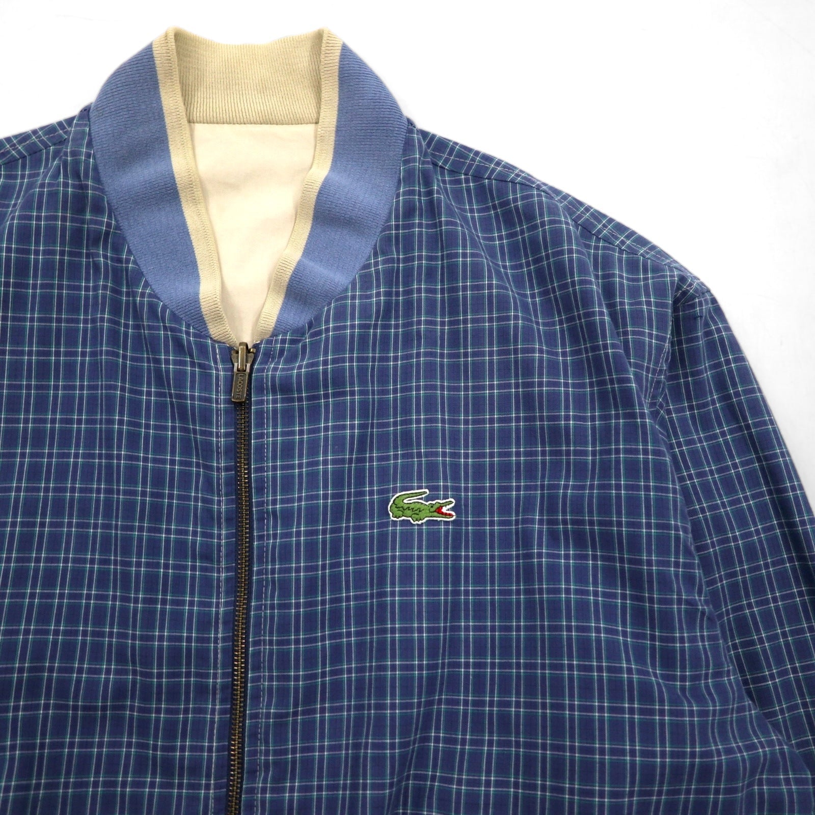 LACOSTE anni '80 giacca Harrington reversibile XL blu navy beige a quadri logo ricamato