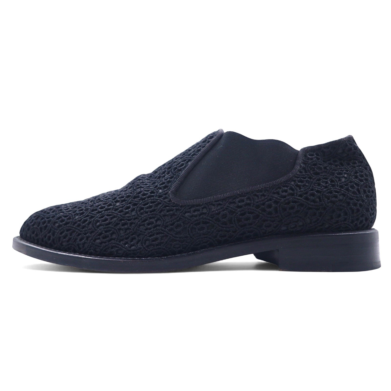 COMME des GARCONS Stivaletti alla caviglia in pizzo floreale, stivaletti, inserti elastici, 23 cm, neri, in pelle, Made in Japan
