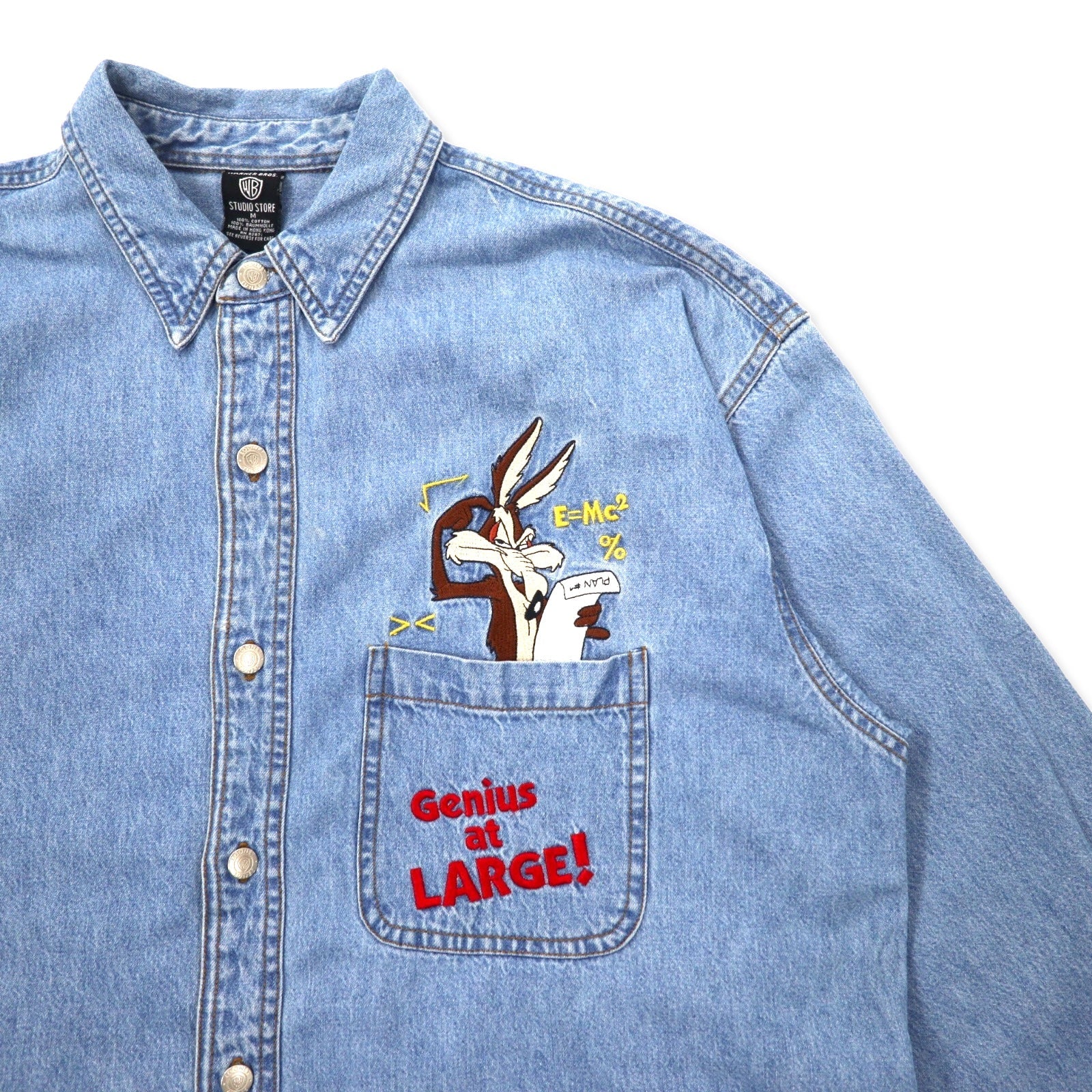 WARNER BROS. 90年代 ビッグサイズ キャラクター刺繍 デニムシャツ M ブルー コットン LOONEY TUNES ワイリー・コヨーテ