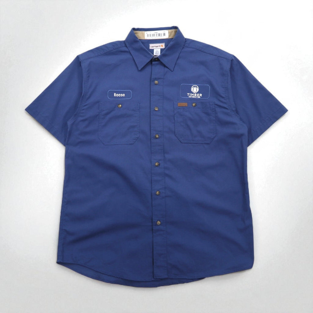 Carhartt camicia da lavoro a maniche corte taglia L, blu navy, cotone, taschino sul petto, ricamo aziendale americano TIMBER 384-19, made in Messico