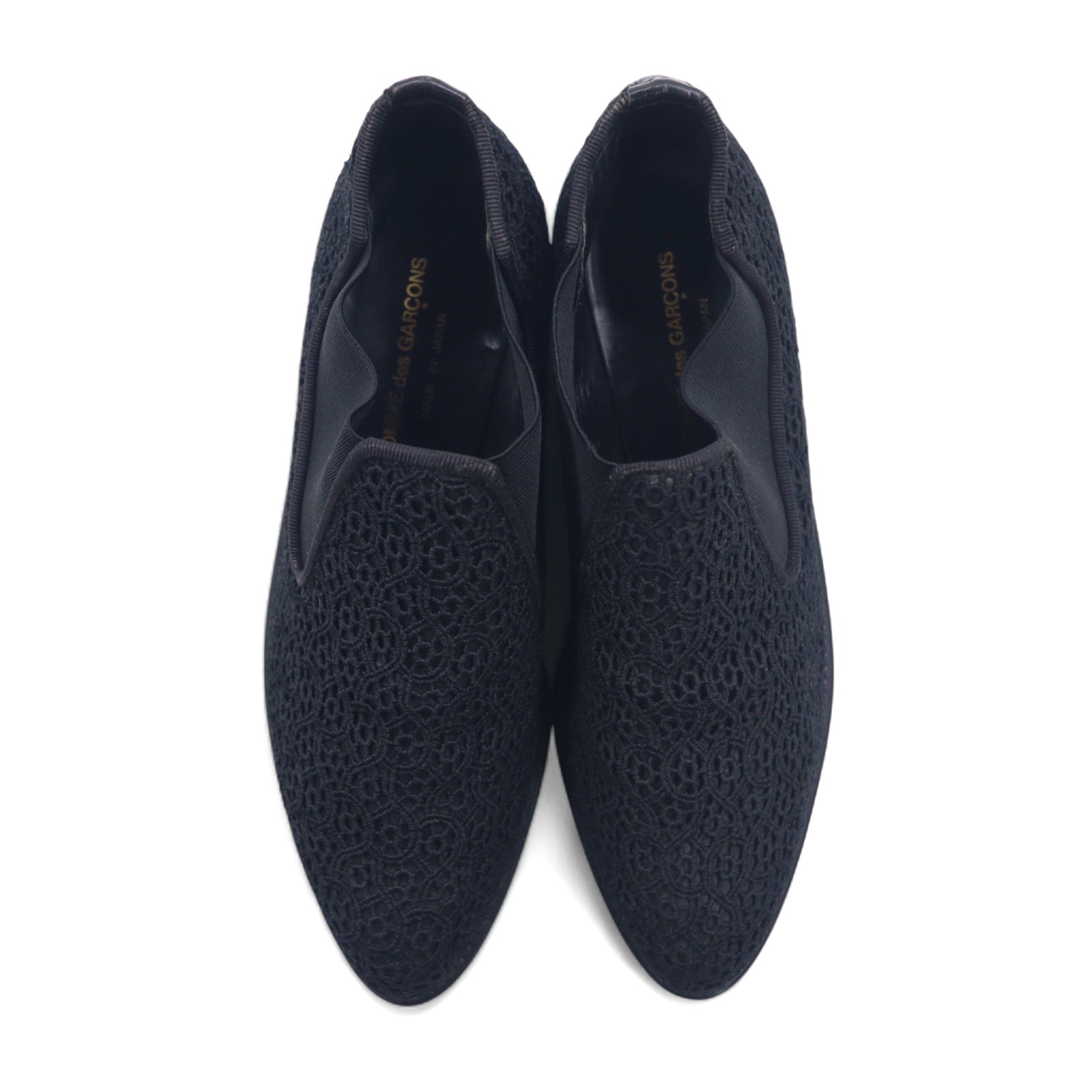 COMME des GARCONS Stivaletti alla caviglia in pizzo floreale, stivaletti, inserti elastici, 23 cm, neri, in pelle, Made in Japan