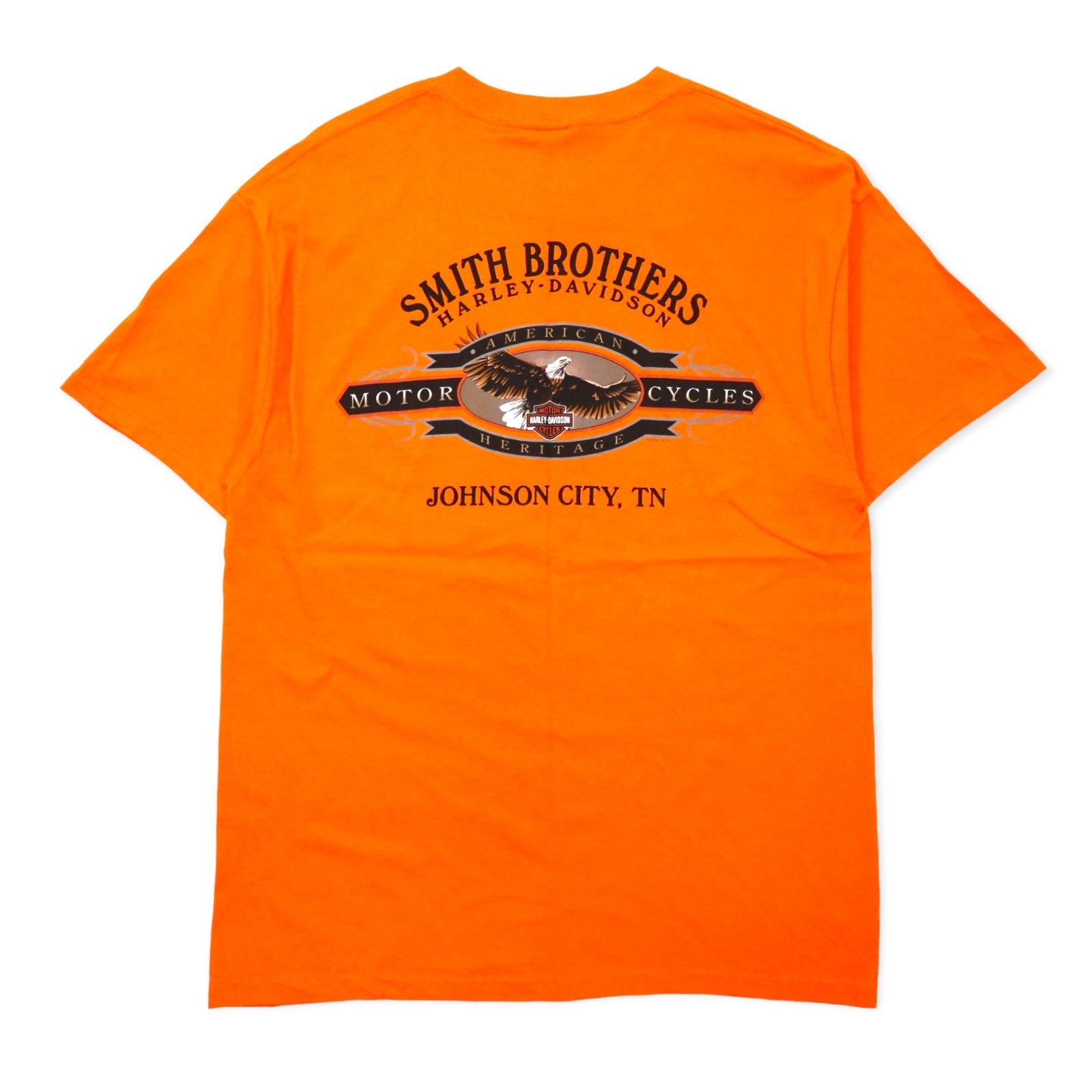 HARLEY DAVIDSON T-shirt con stampa logo, Made in USA, taglia L, arancione, cotone, SMITH BROTHERS stampa fronte/retro, Hanes BEEFY-T