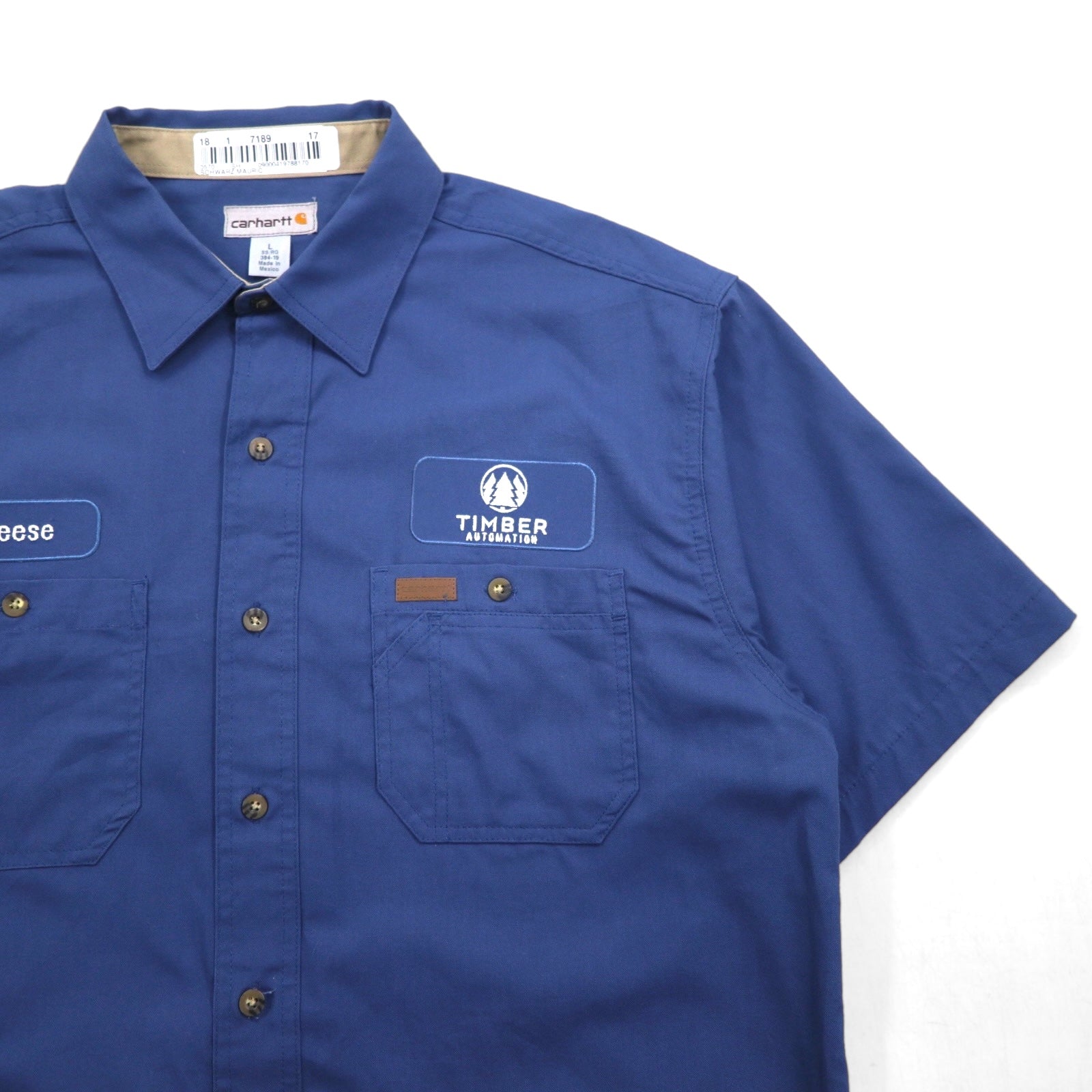 Carhartt camicia da lavoro a maniche corte taglia L, blu navy, cotone, taschino sul petto, ricamo aziendale americano TIMBER 384-19, made in Messico
