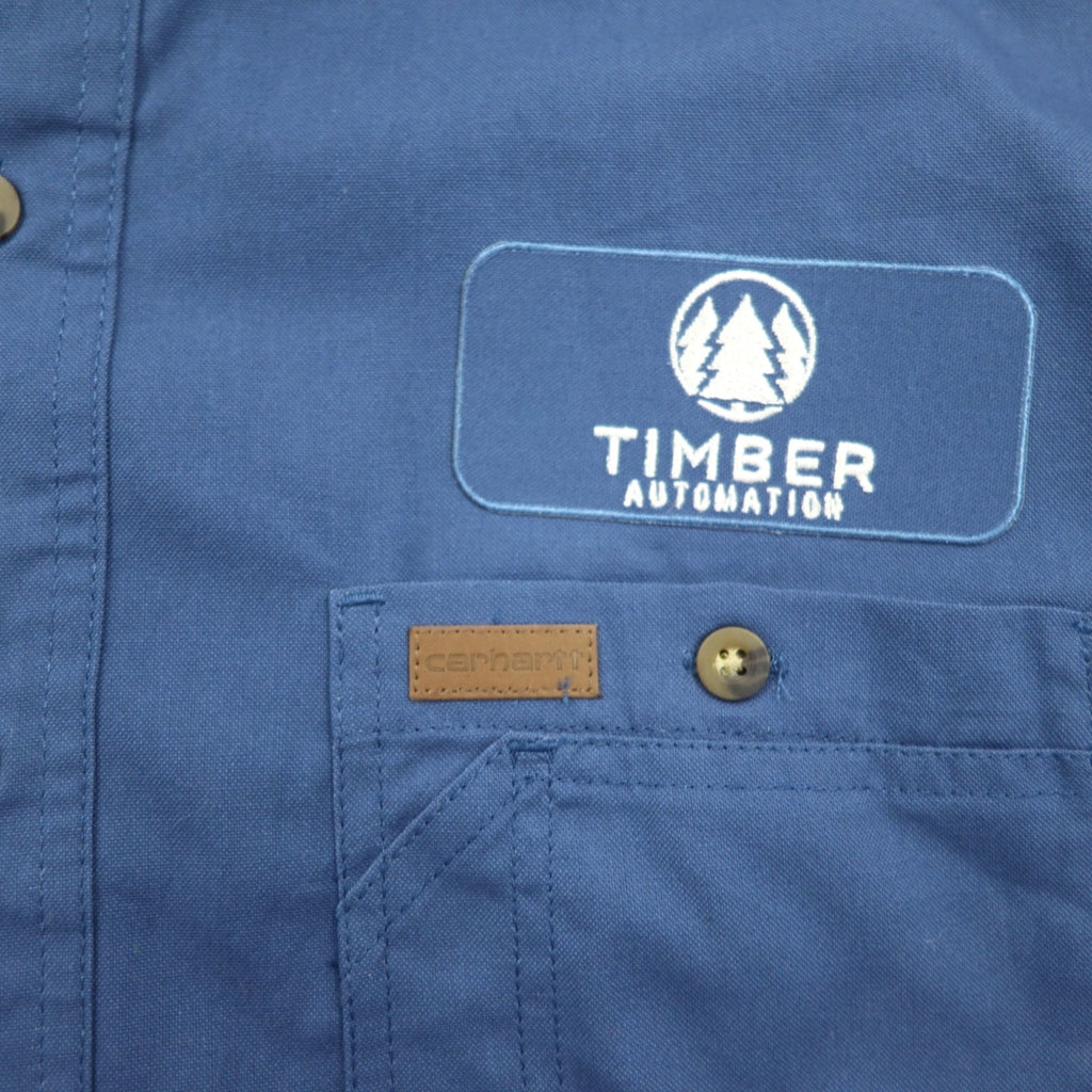 Carhartt camicia da lavoro a maniche corte taglia L, blu navy, cotone, taschino sul petto, ricamo aziendale americano TIMBER 384-19, made in Messico