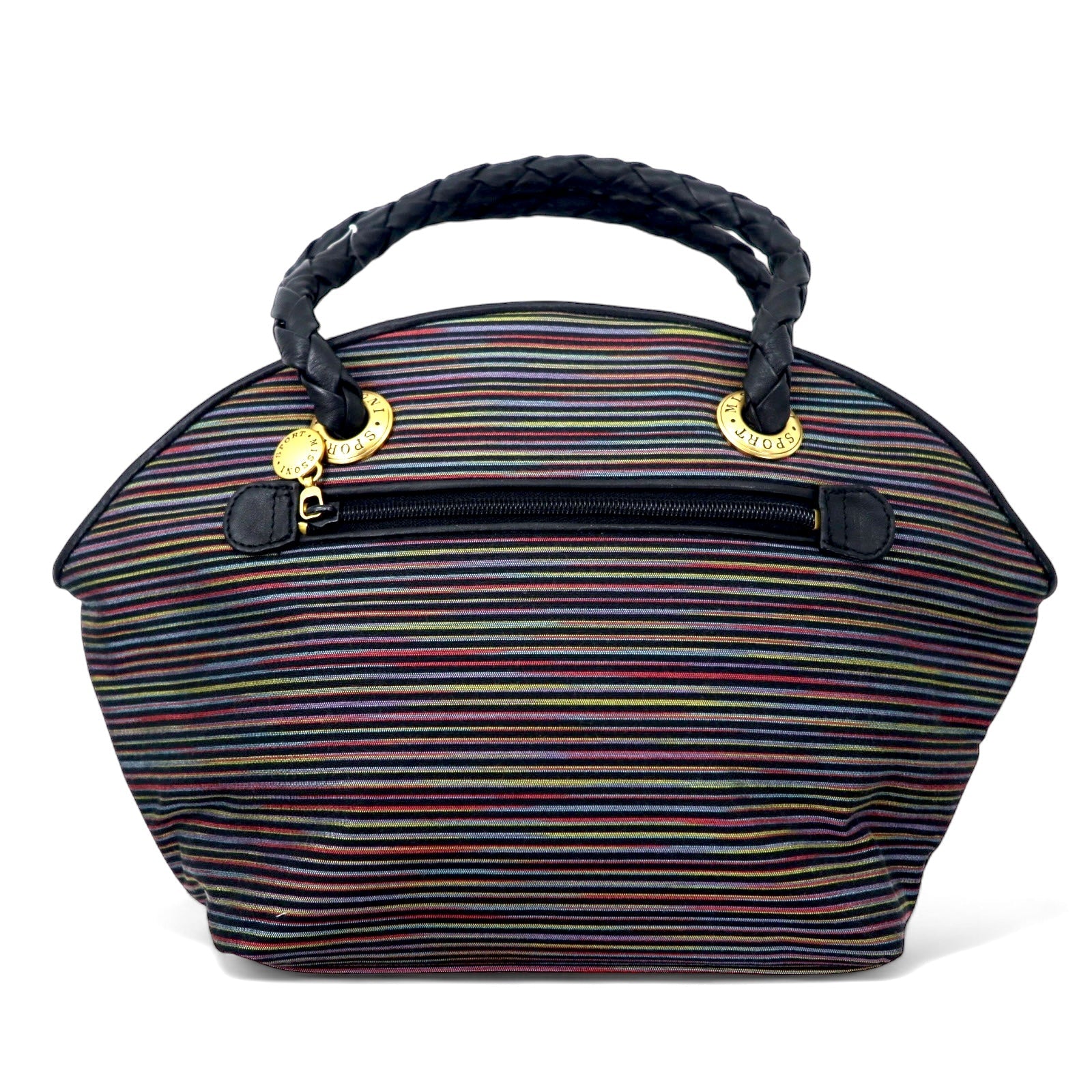 MISSONI SPORT ハンドバッグ ブラック マルチボーダー ナイロンキャンバス 編み込み レザーハンドル 未使用品