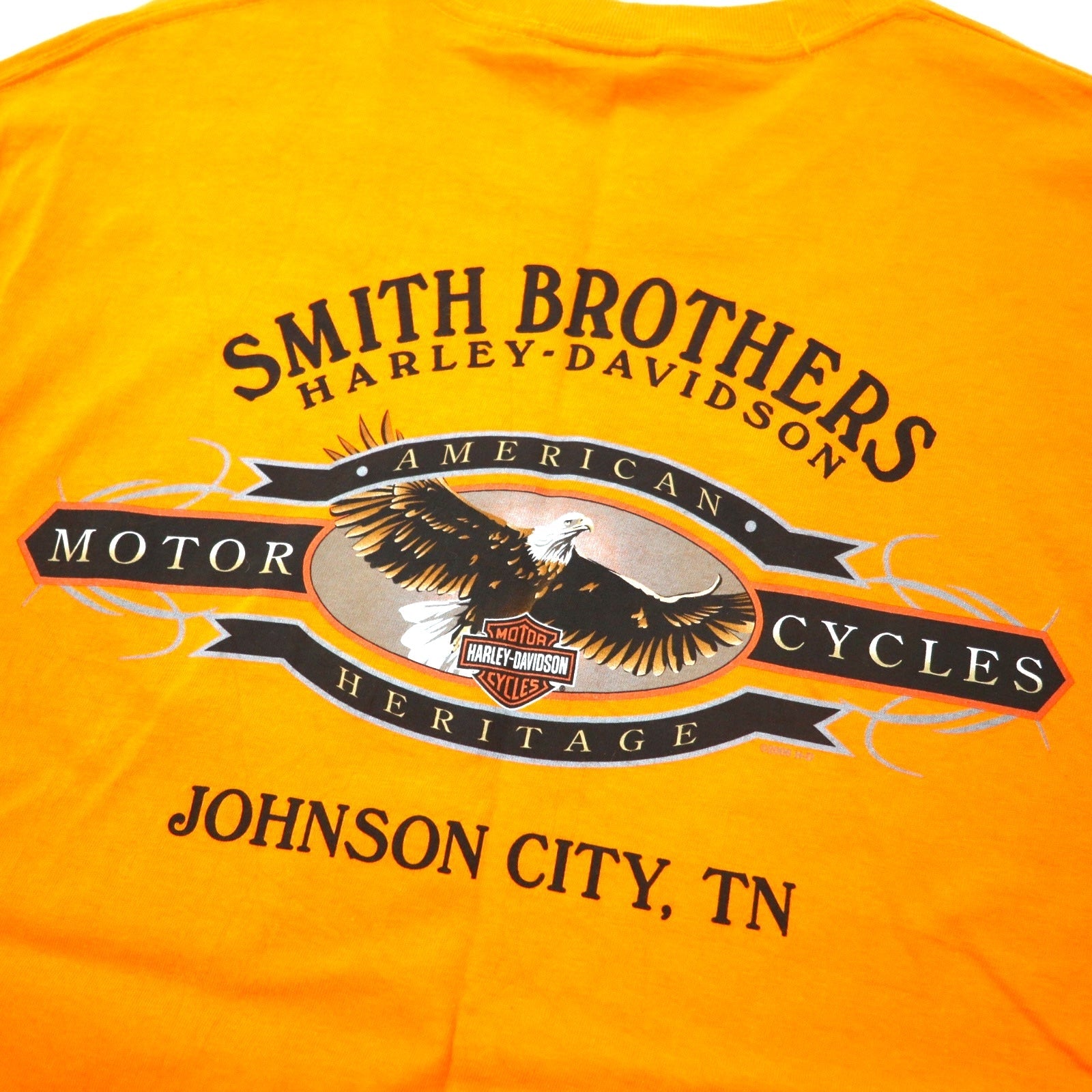 HARLEY DAVIDSON T-shirt con stampa logo, Made in USA, taglia L, arancione, cotone, SMITH BROTHERS stampa fronte/retro, Hanes BEEFY-T