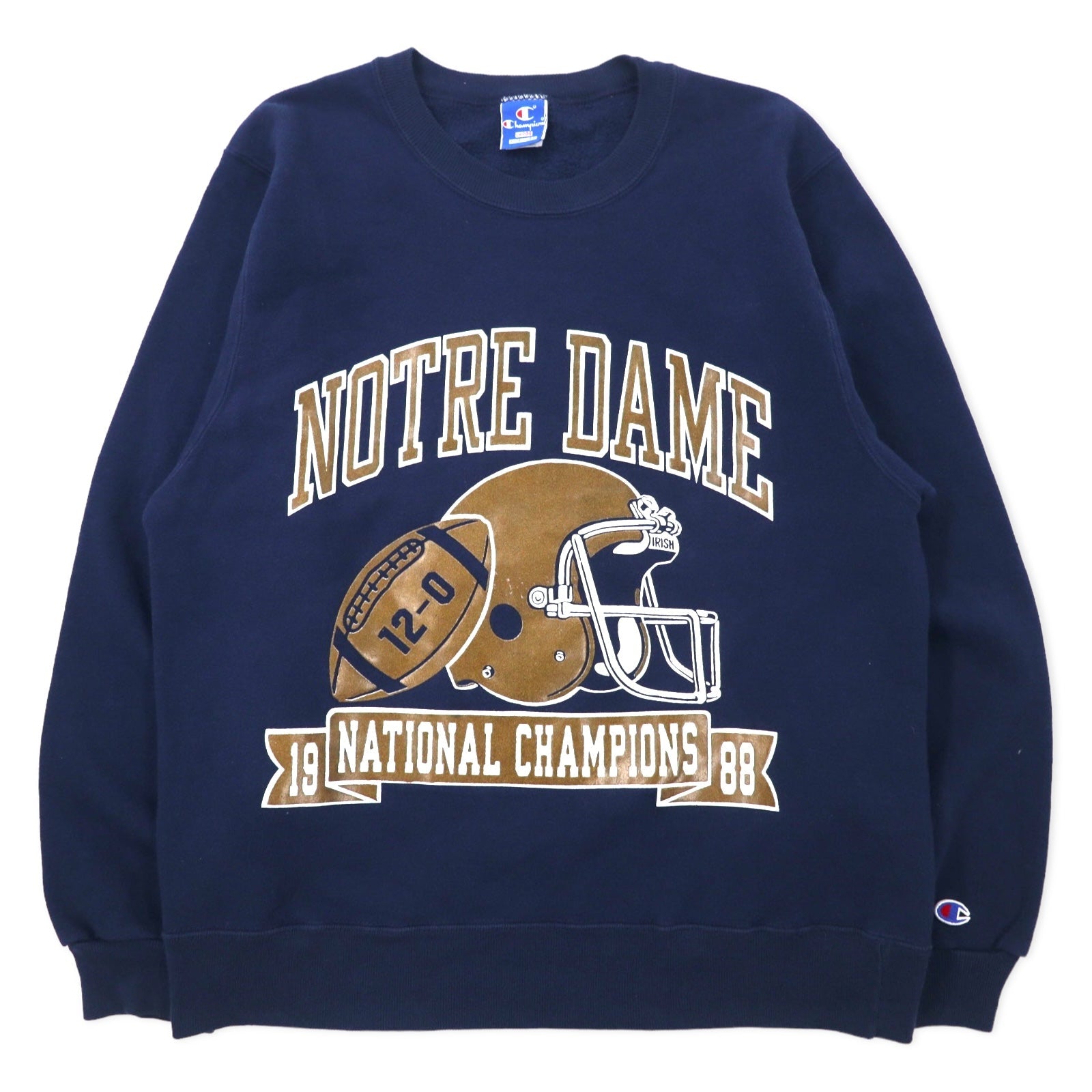 Champion USA 90s felpa stampata college L blu navy cotone interno felpato NCAA football NOTRE DAME stampa a 3 strati logo ad arco etichetta ricamata