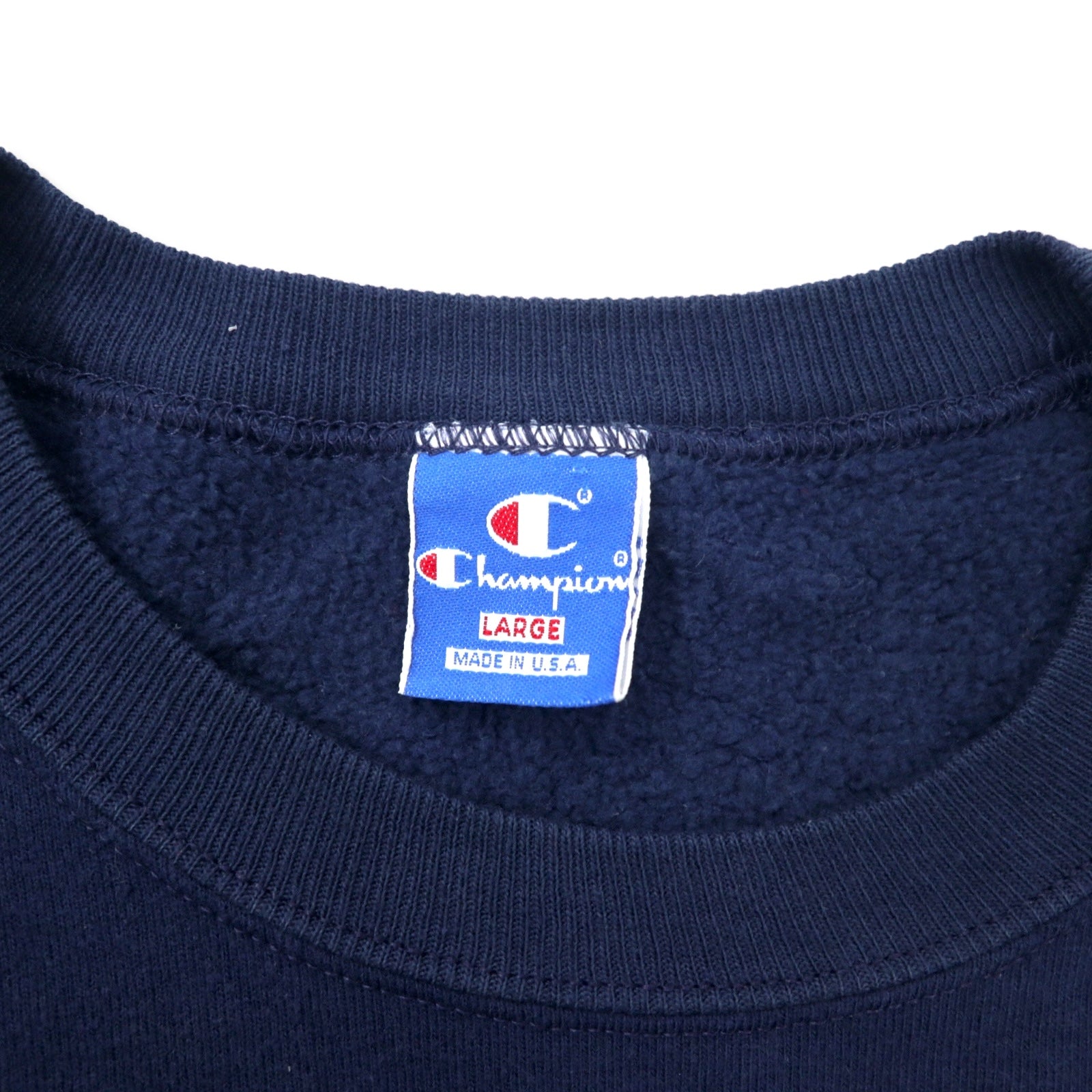 Champion USA 90s felpa stampata college L blu navy cotone interno felpato NCAA football NOTRE DAME stampa a 3 strati logo ad arco etichetta ricamata