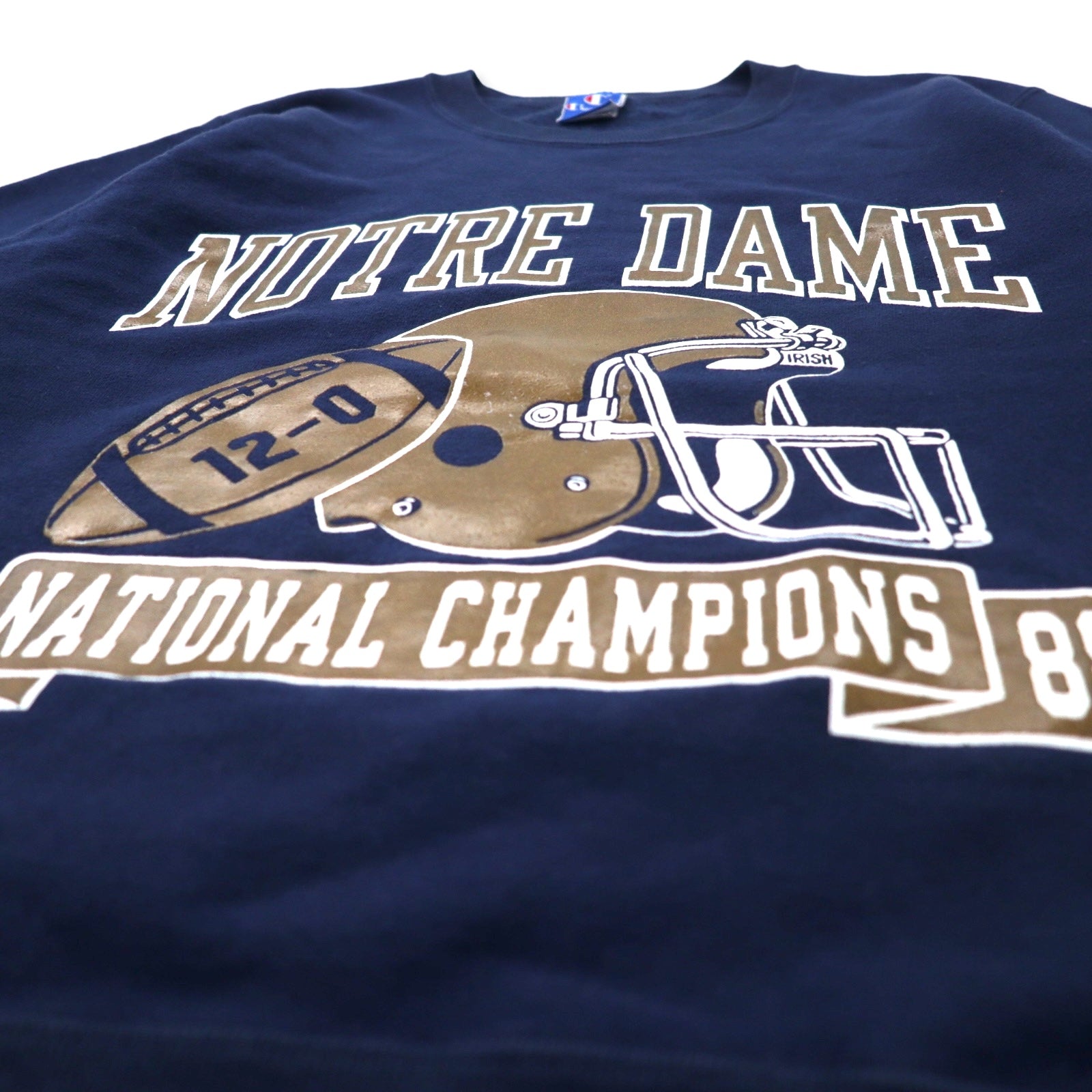 Champion USA 90s felpa stampata college L blu navy cotone interno felpato NCAA football NOTRE DAME stampa a 3 strati logo ad arco etichetta ricamata