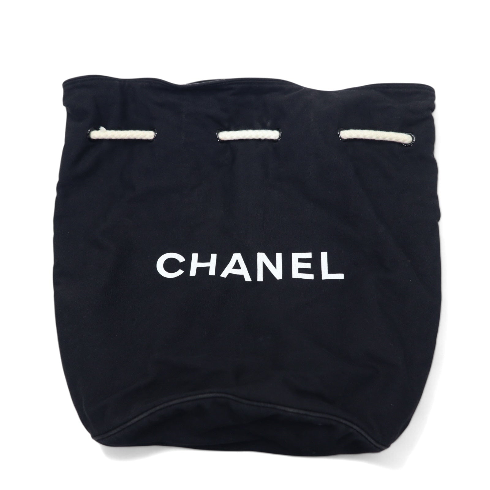 CHANEL 巾着 プールバッグ ワンショルダーバッグ ブラック キャンバス ロゴ プリント ノベルティー