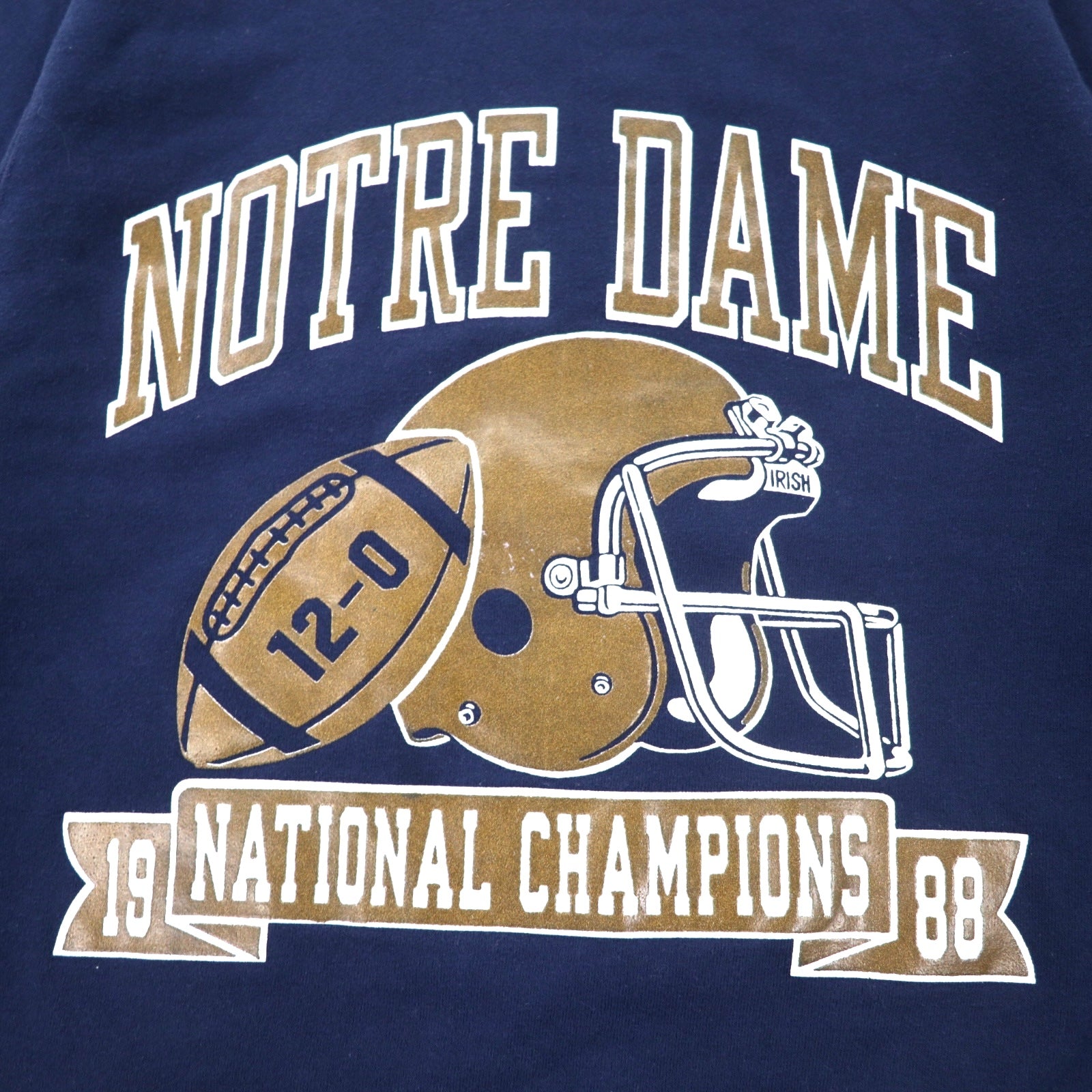 Champion USA 90s felpa stampata college L blu navy cotone interno felpato NCAA football NOTRE DAME stampa a 3 strati logo ad arco etichetta ricamata