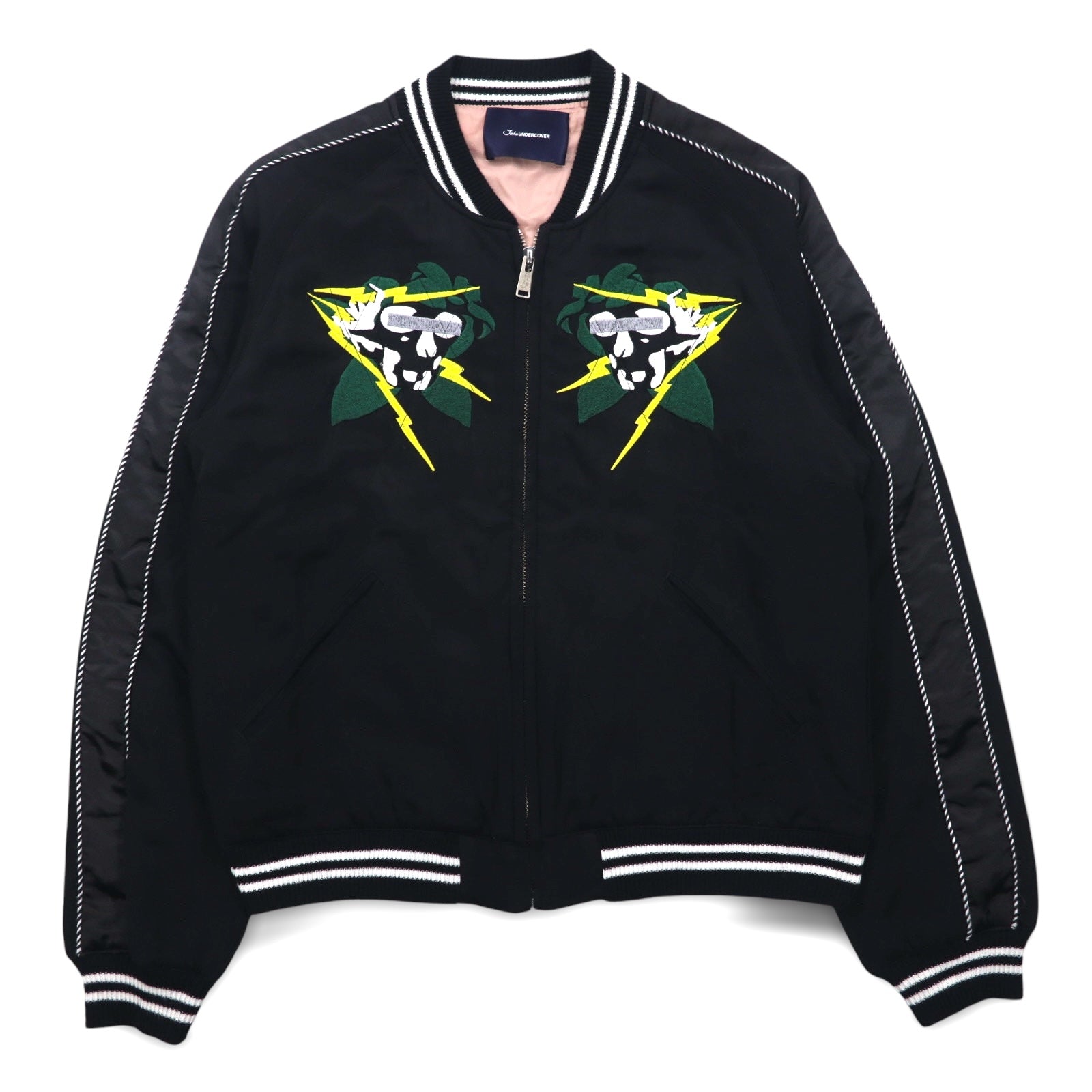 John UNDER COVER Bomber ricamato con teschio, trapuntato, taglia M, nero, rayon, JUQ4203, Made in Japan