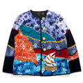 Giacca ricamata patchwork di Julia Kim anni '90, taglia M, blu, fantasia all-over, cotone, rayon, retrò.