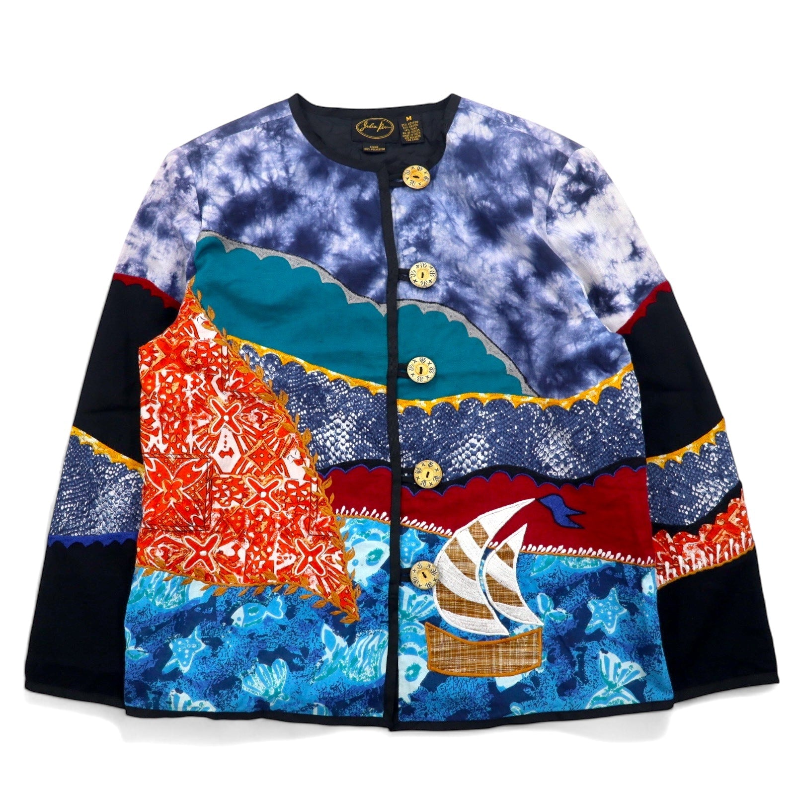 Giacca ricamata patchwork di Julia Kim anni '90, taglia M, blu, fantasia all-over, cotone, rayon, retrò.