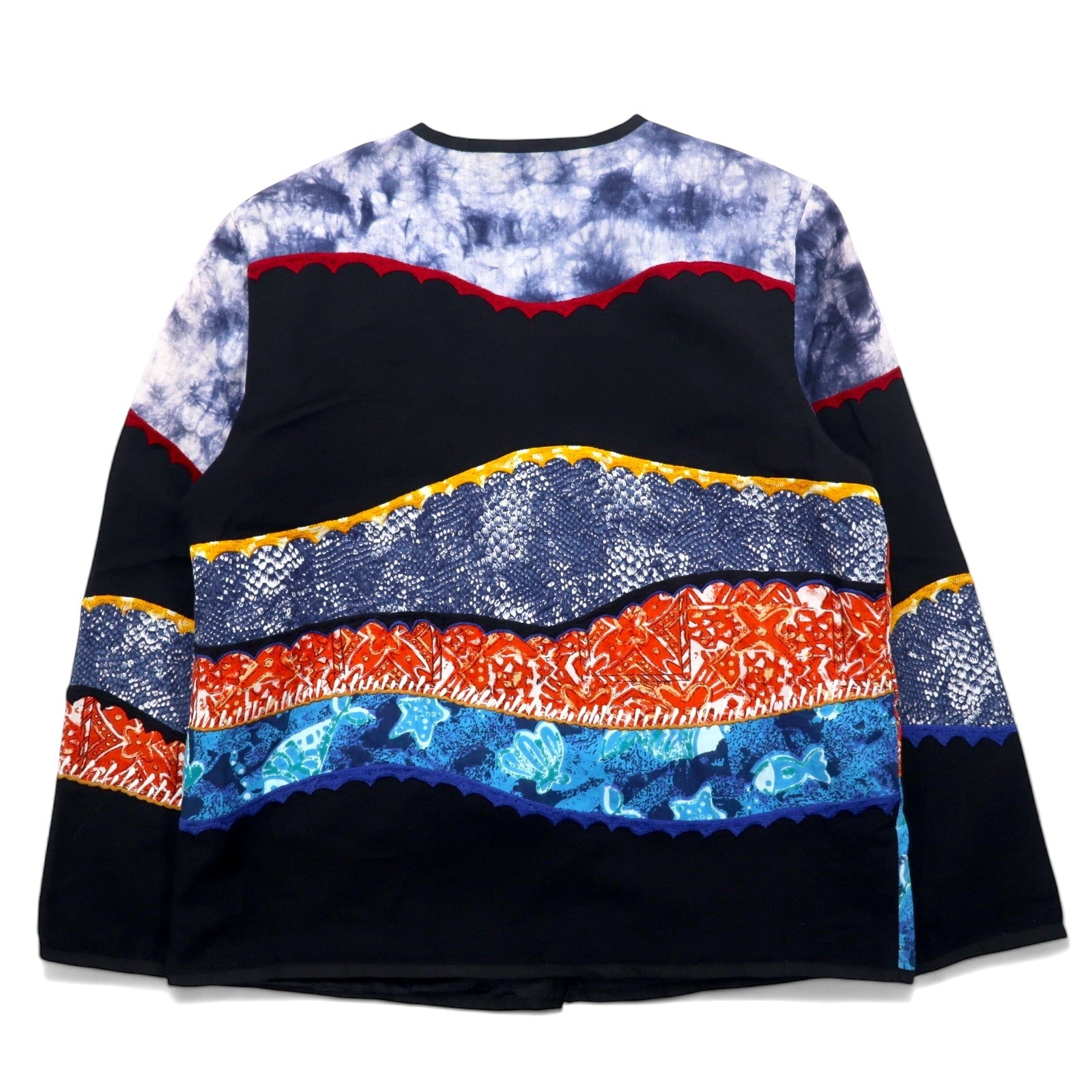 Giacca ricamata patchwork di Julia Kim anni '90, taglia M, blu, fantasia all-over, cotone, rayon, retrò.