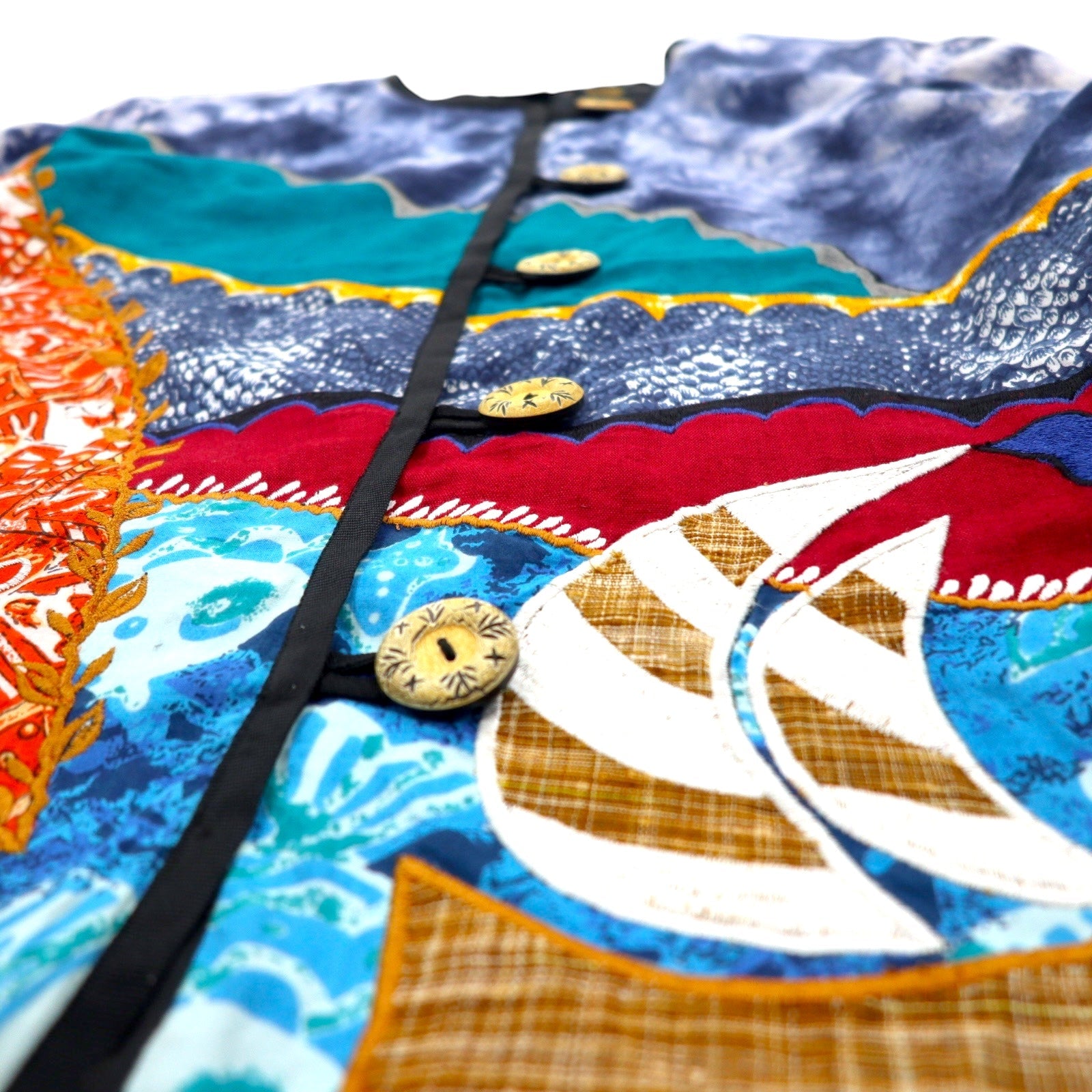 Giacca ricamata patchwork di Julia Kim anni '90, taglia M, blu, fantasia all-over, cotone, rayon, retrò.