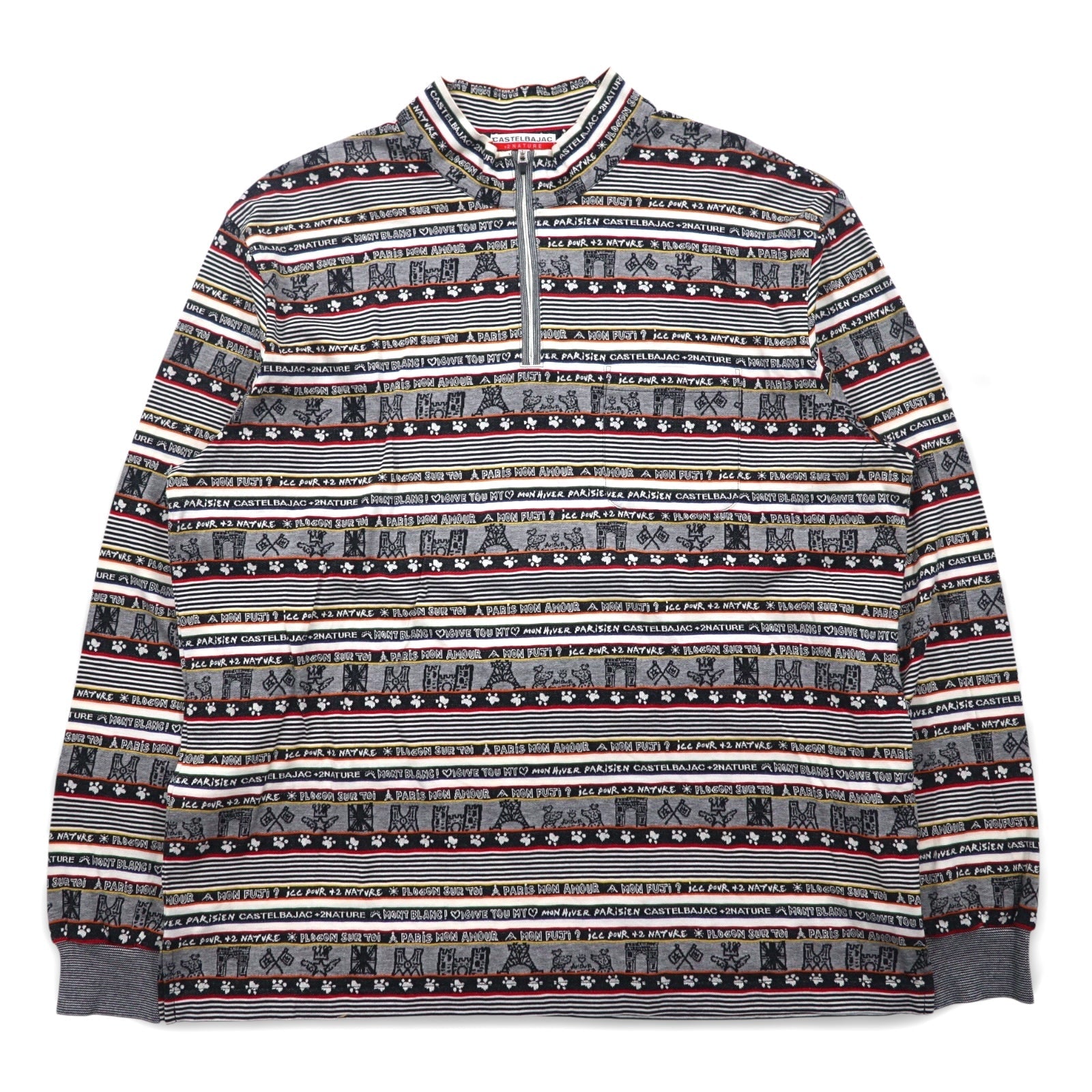 CASTELBAJAC +2 NATURE Anni '90 Maglia a maniche lunghe con mezza zip Maglietta a maniche lunghe XXL Grigio Cotone Fantasia Made in Japan