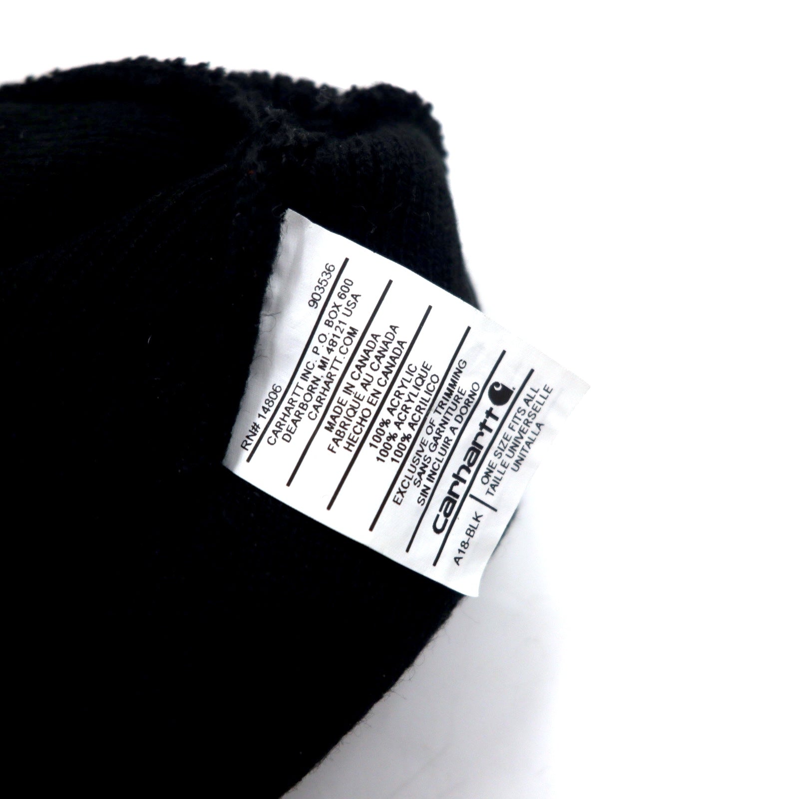 Carhartt Berretto in maglia in acrilico nero, taglia unica, con logo Madison, prodotto in Canada