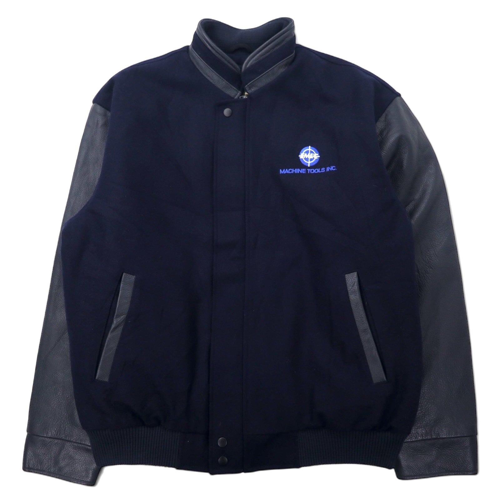 Anni '90 NORTH END Giacca college in pelle sulle maniche, taglia L, blu navy, lana, fodera trapuntata rimovibile, imbottitura EZEM SYSTEM