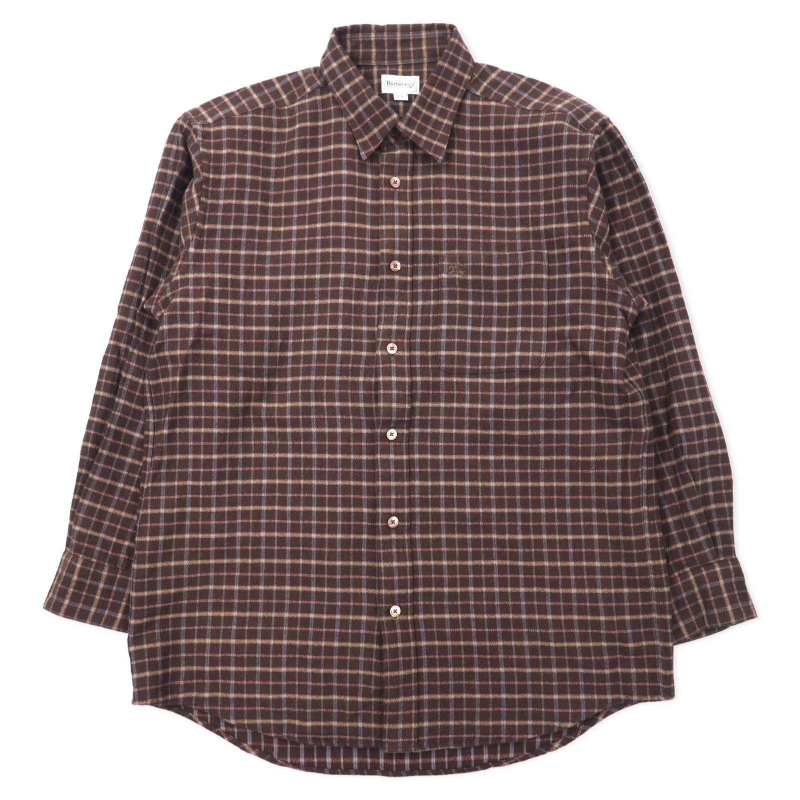 Camicia in flanella vintage Burberry's, taglia LY, motivo a quadri marrone, in lana, con ricamo logo a punto singolo, Made in Japan