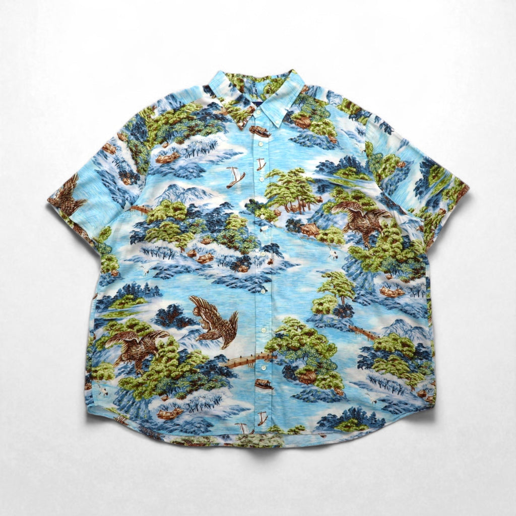 RALPH LAUREN Camicia Aloha abbottonata taglia grande con motivo giapponese 3XL blu in rayon viscosa fantasia all-over