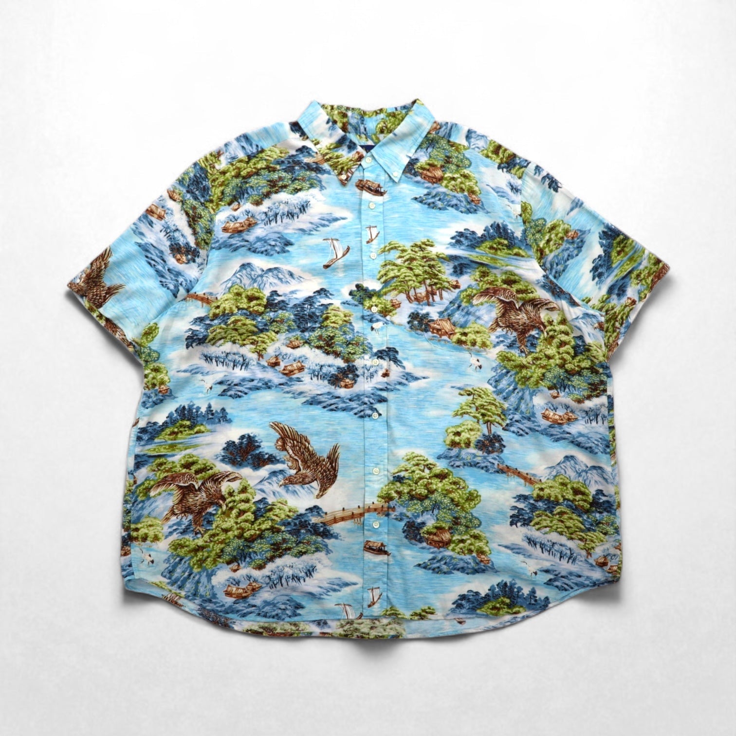 RALPH LAUREN Camicia Aloha abbottonata taglia grande con motivo giapponese 3XL blu in rayon viscosa fantasia all-over