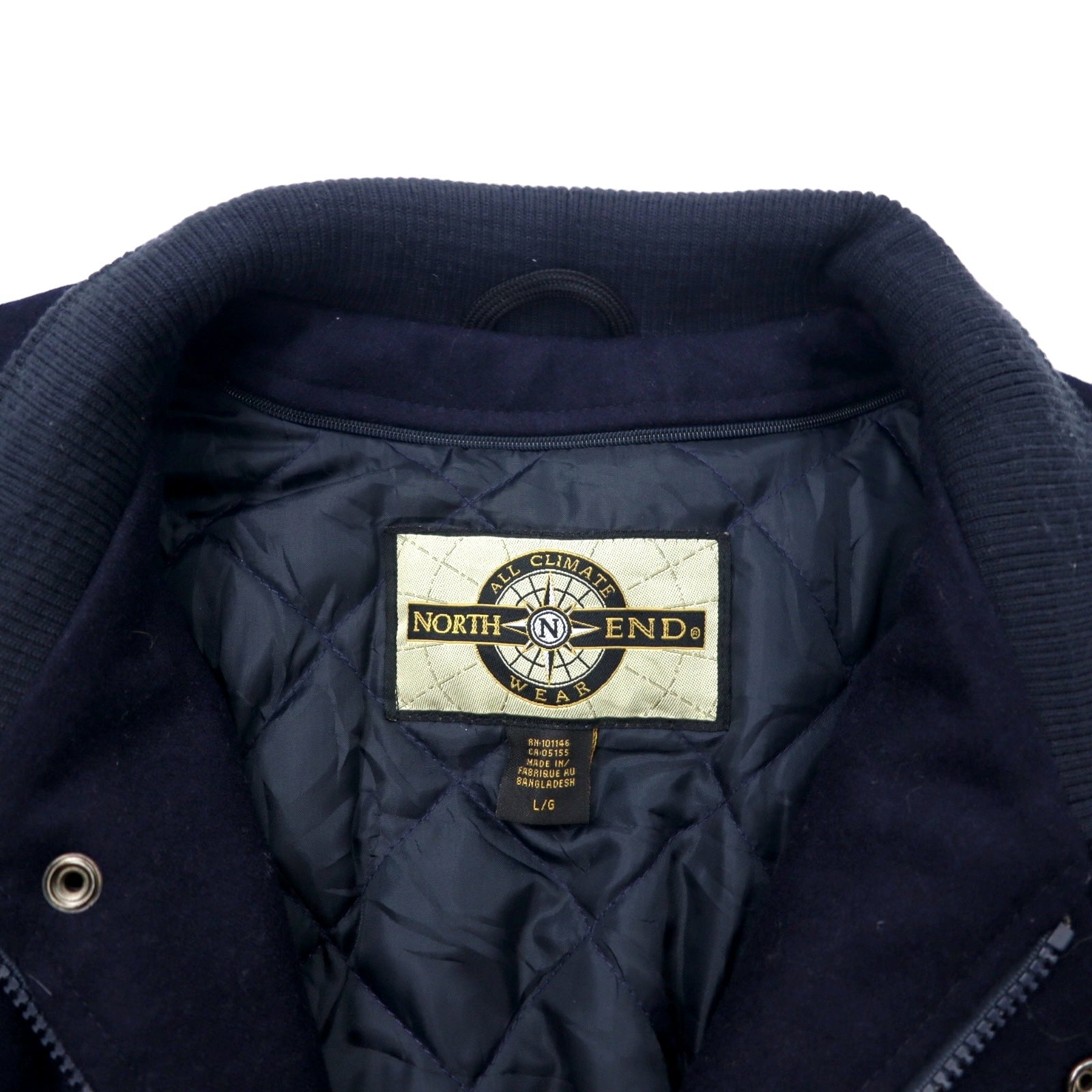 Anni '90 NORTH END Giacca college in pelle sulle maniche, taglia L, blu navy, lana, fodera trapuntata rimovibile, imbottitura EZEM SYSTEM