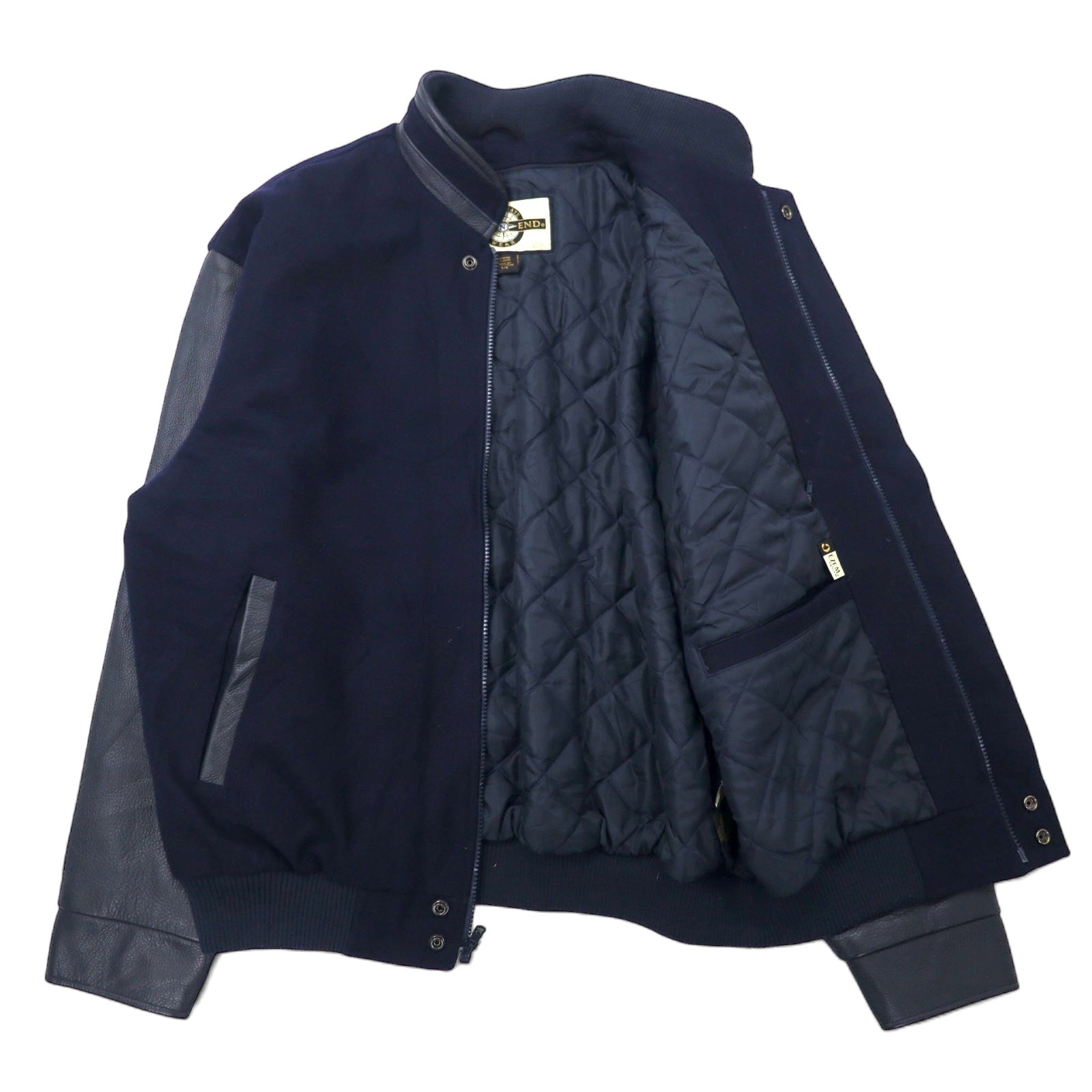 Anni '90 NORTH END Giacca college in pelle sulle maniche, taglia L, blu navy, lana, fodera trapuntata rimovibile, imbottitura EZEM SYSTEM