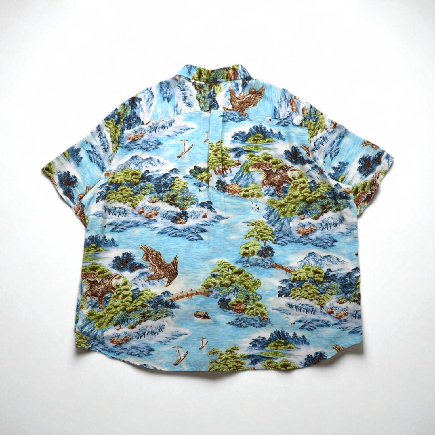 RALPH LAUREN Camicia Aloha abbottonata taglia grande con motivo giapponese 3XL blu in rayon viscosa fantasia all-over