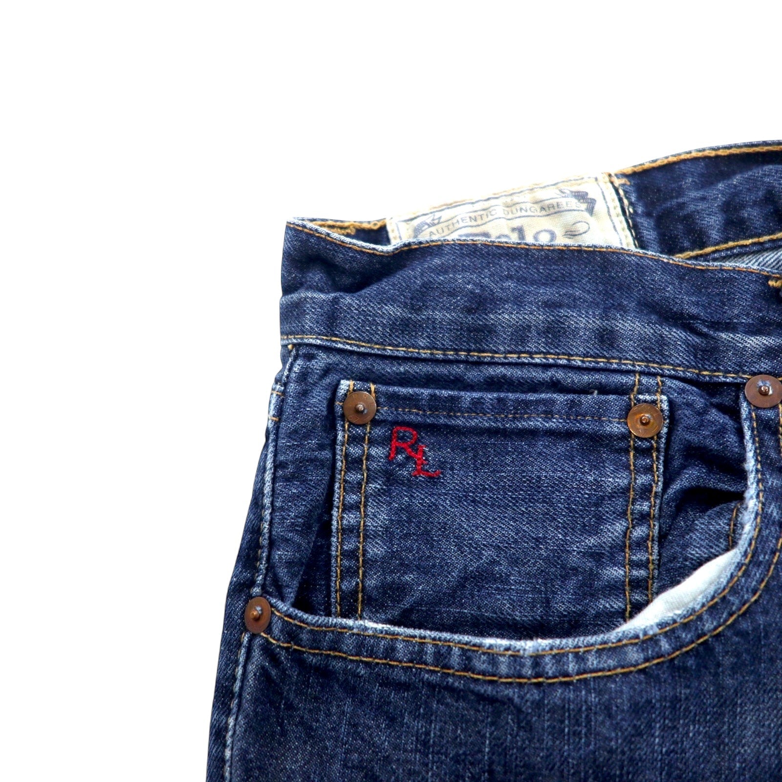 POLO RALPH LAUREN jeans, size 34, blue, cotton, leather patch, zip fly, RL logo embroidery, made in Mexico