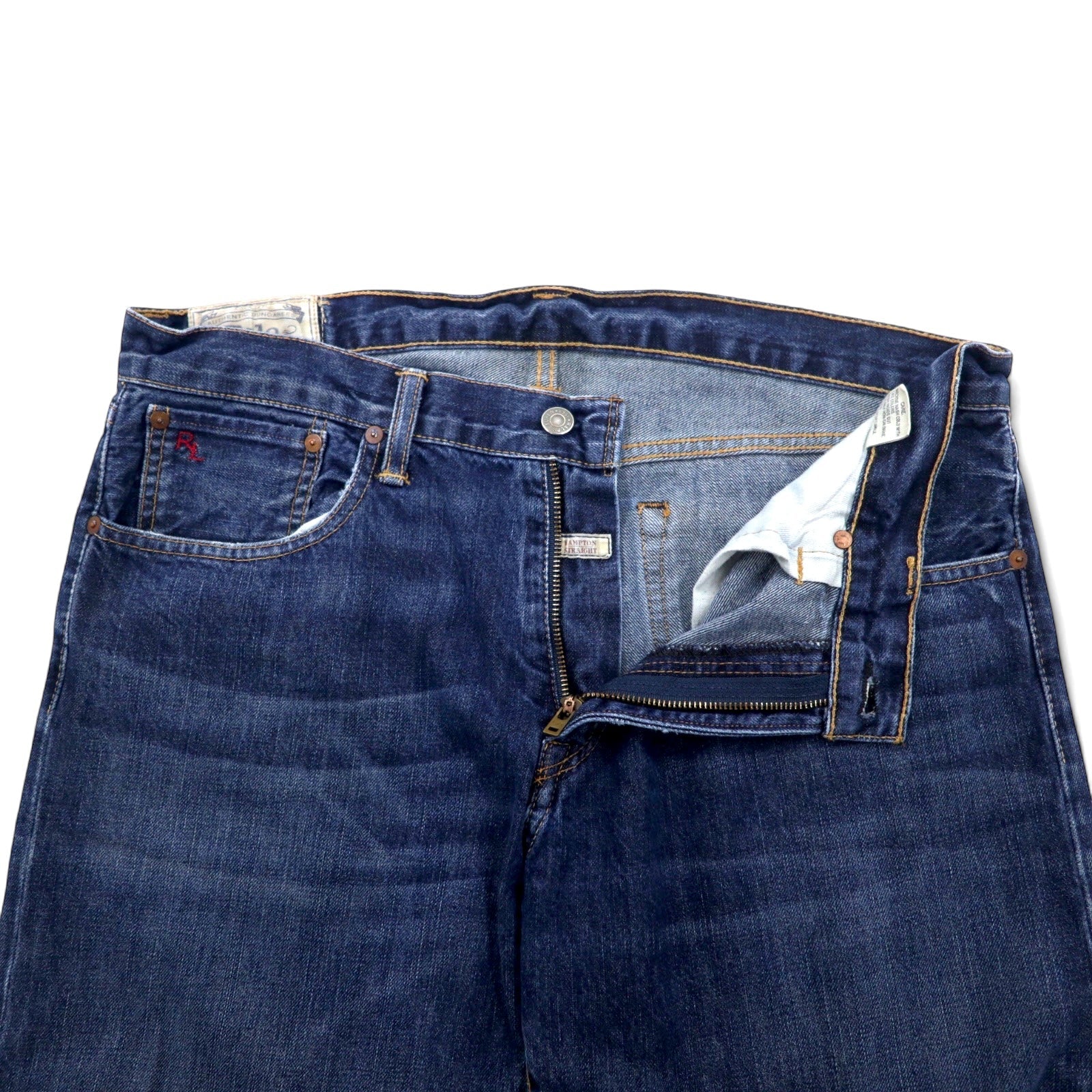 POLO RALPH LAUREN jeans, size 34, blue, cotton, leather patch, zip fly, RL logo embroidery, made in Mexico