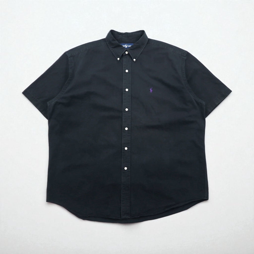 Ralph Lauren anni '90 BLAKE Camicia a maniche corte button-down XL Cotone Ricamo piccolo pony nero