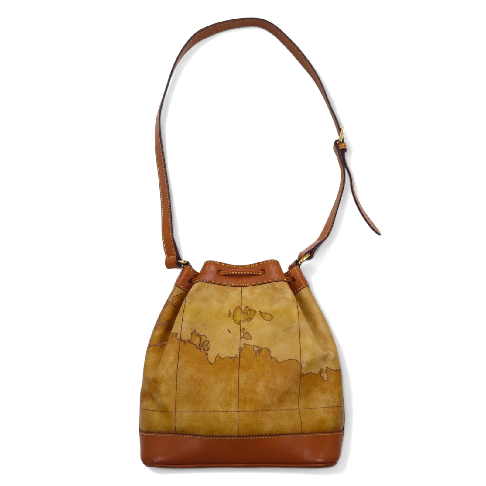 PRIMA CLASSE Borsa a tracolla con coulisse in PVC beige e pelle, motivo mappa del mondo, Made in Italy