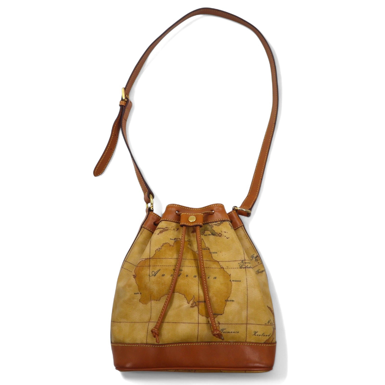 PRIMA CLASSE Borsa a tracolla con coulisse in PVC beige e pelle, motivo mappa del mondo, Made in Italy