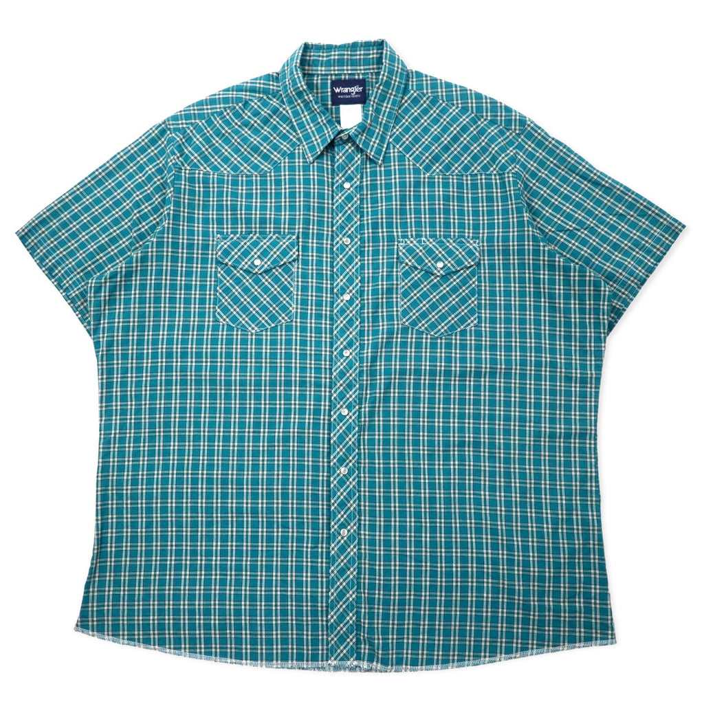Camicia western a maniche corte Wrangler anni '90, a scacchi, verde, in cotone, con bottoni a pressione, taglia 3XT, oversize.